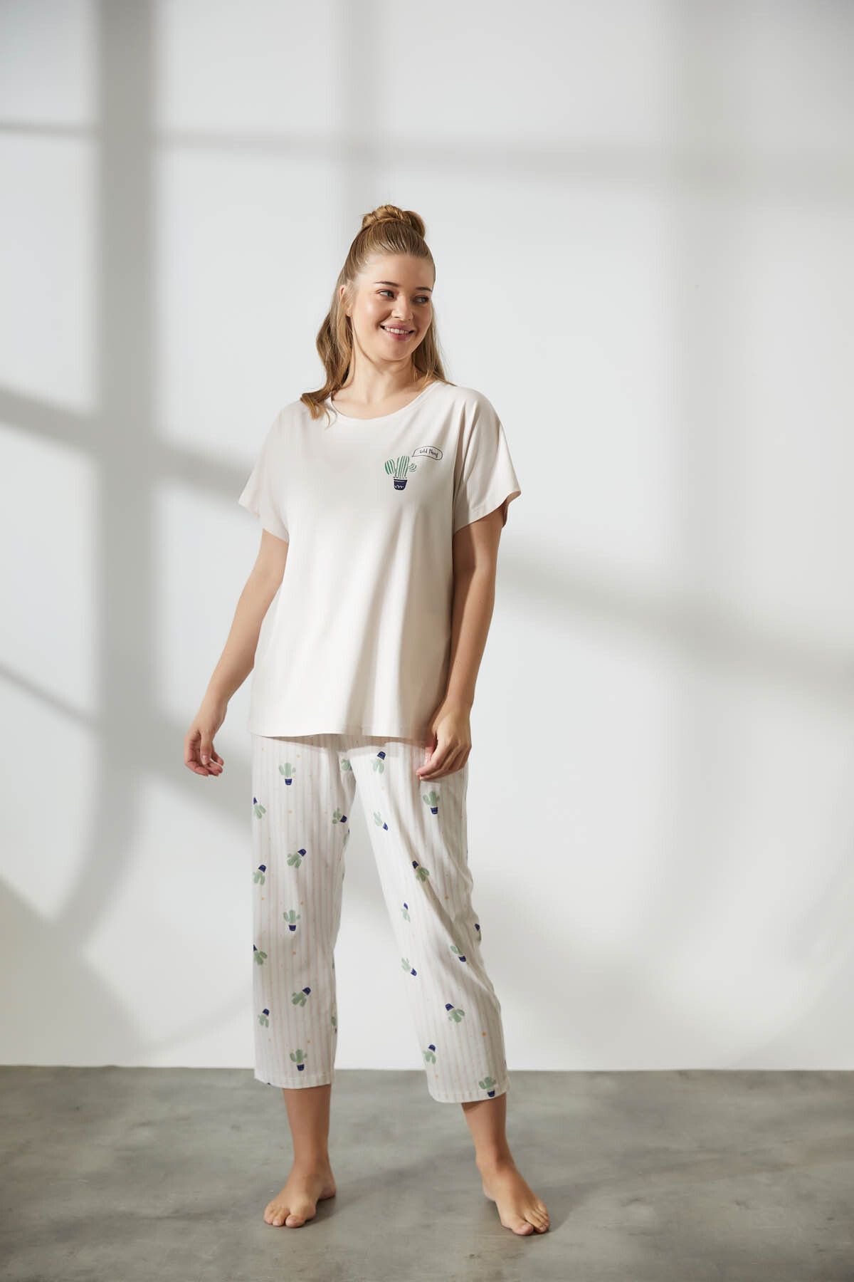 Hays Kadın Plus Size Pamuklu Kısa Kollu Uzun Pijama Takımı