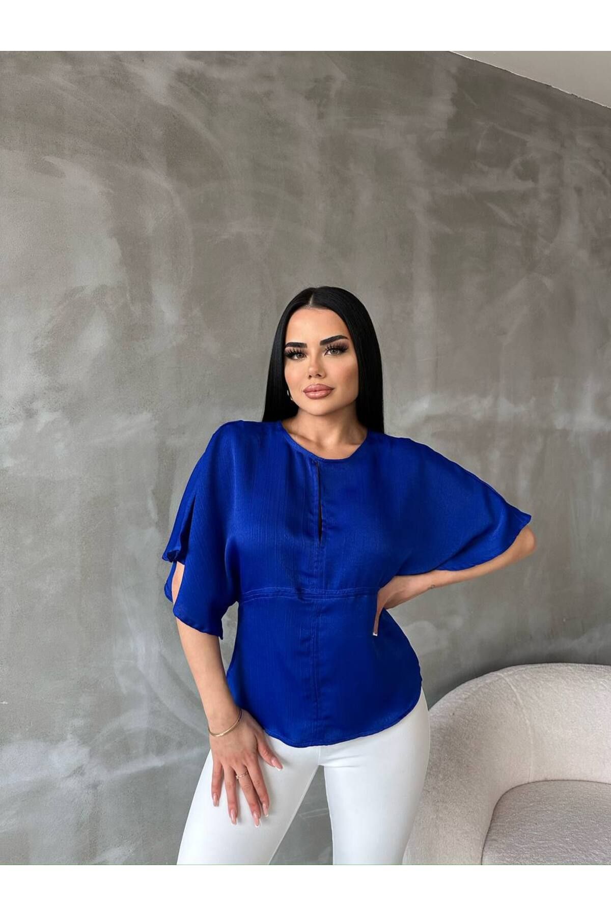 bymaestro woman Kadın Saks Geniş Kol Saten Bluz
