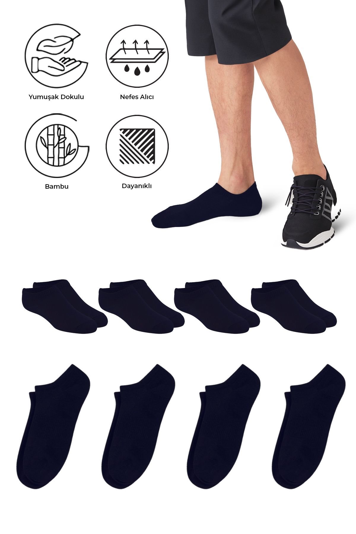 SAYSEZ Bambu Erkek Sneaker Koyu Lacivert Çorap Dikişsiz Görünmez Bilekte Spor Çorap Premium 4'lü Paket