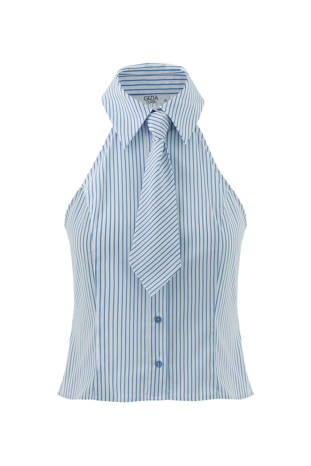 GIZIA Gömlek Yakalı Kravatlı Omuz Açık Çizgili Lacivert Bluz