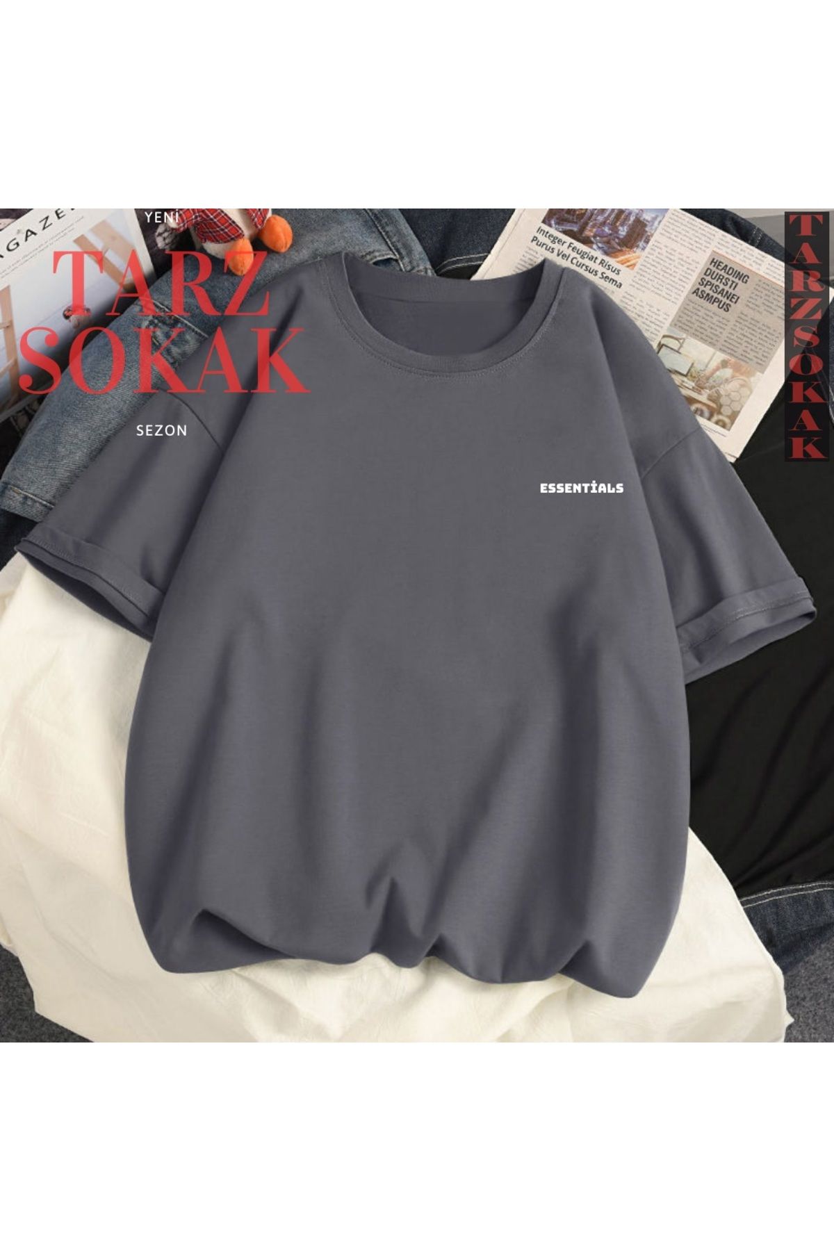 Tarzsokak Unisex Kadın/Erkek ESSENTİALS Yazı Özel Renkli Oversize Bisiklet Yaka Pamuklu T-Shirt