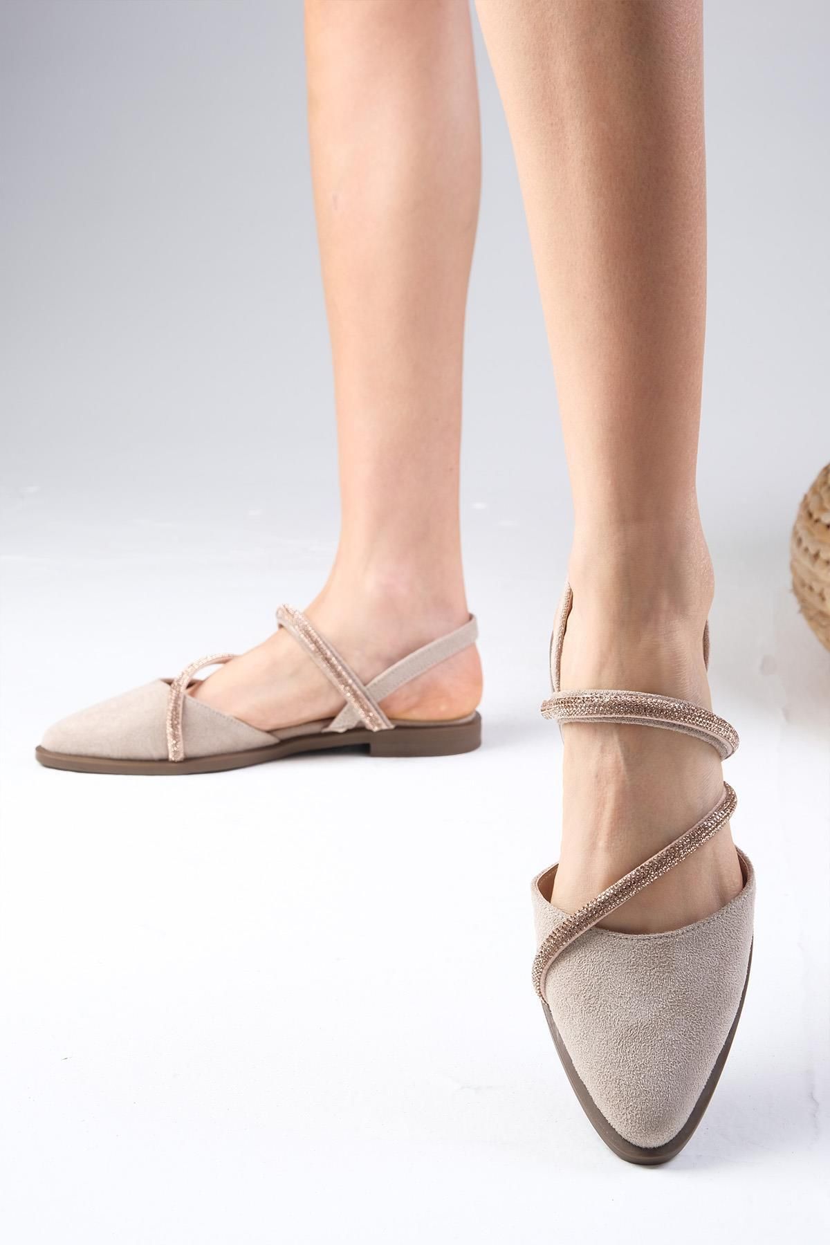 Mio Gusto Bej Süet Taşlı Kadın Babet Günlük Düz Ayakkabı