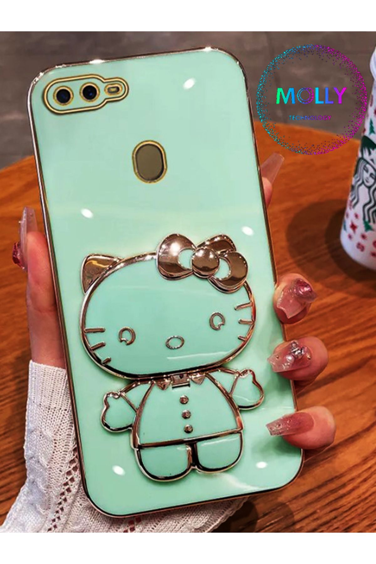 Molly Huawei P Smart 2018 İçin Su Yeşili Hello Kitty Standlı Kenarları Gold Detaylı Lüks Silikon Kılıf