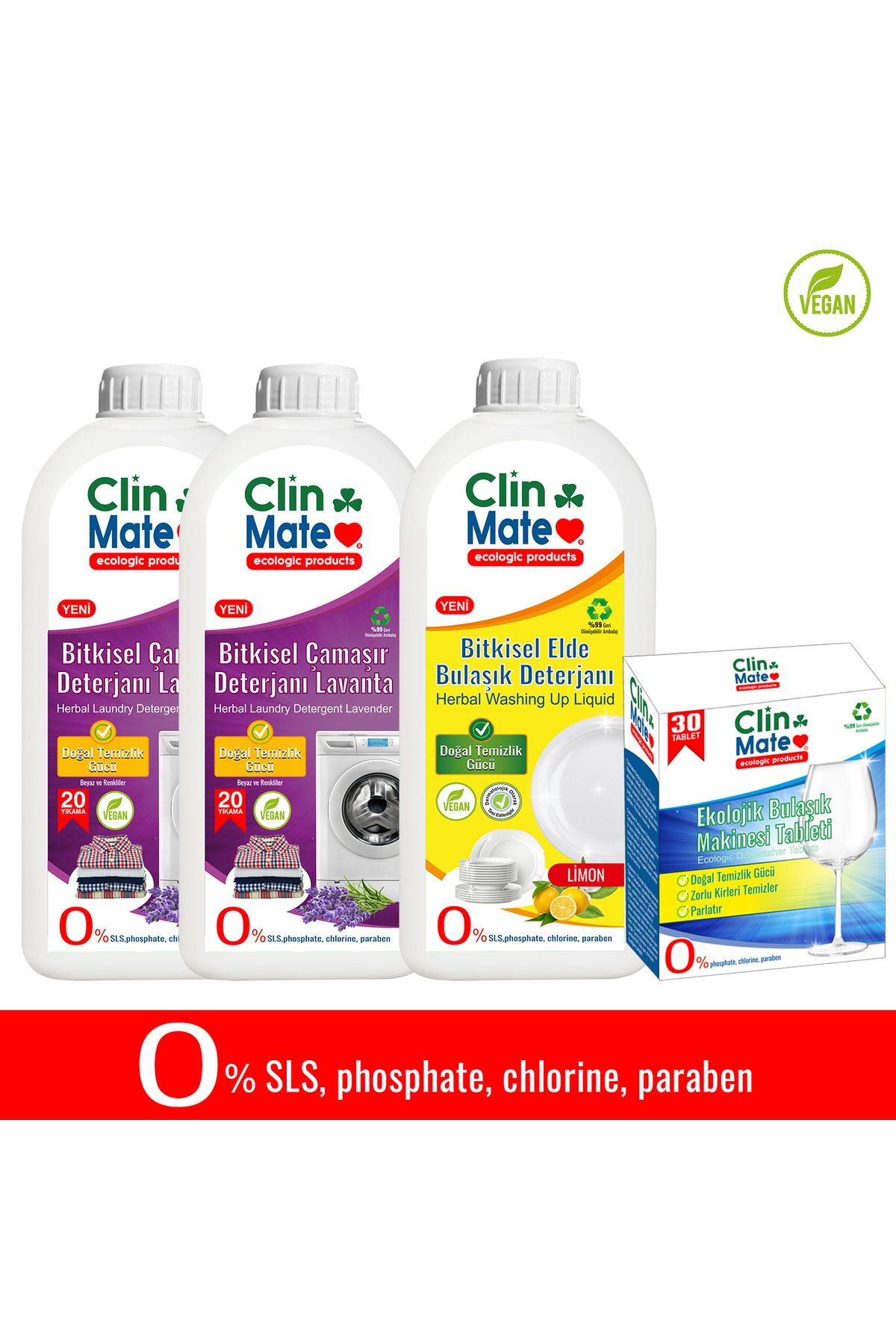 Clinmate 4'lü Set Bitkisel Çamaşır Deterjanı Lavanta 750 Mlx2adet -eko Bulaşık Tableti- Elde Bulaşık Limon