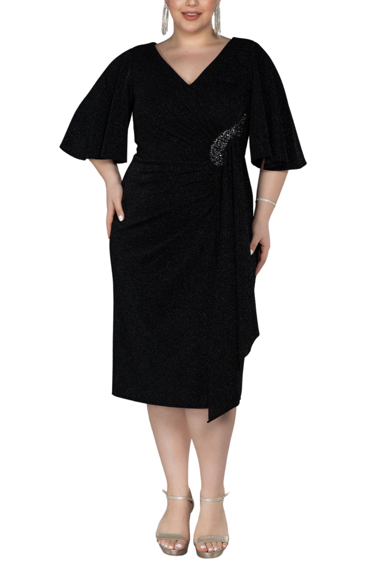 Arden Siyah Büyük Beden Kısa Abiye Elbise, Midi Simli Kısa Kol Kokteyl Elbisesi, Düğün Anne Kıyafeti,46-56