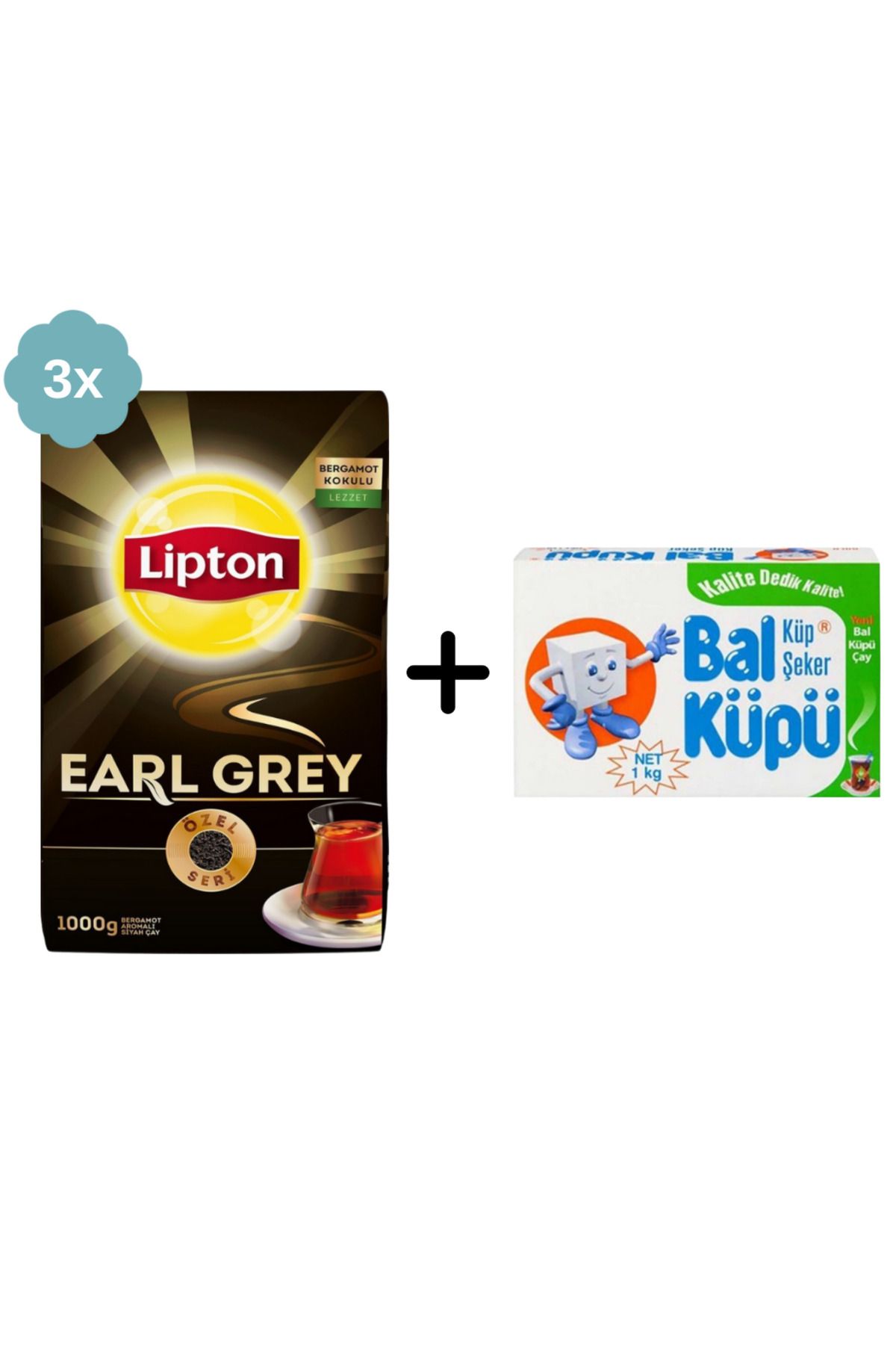Lipton Earl Grey Dökme Siyah Çay 1000 gr x 3 Adet + Balküpü Kesme Şeker 1000 gr