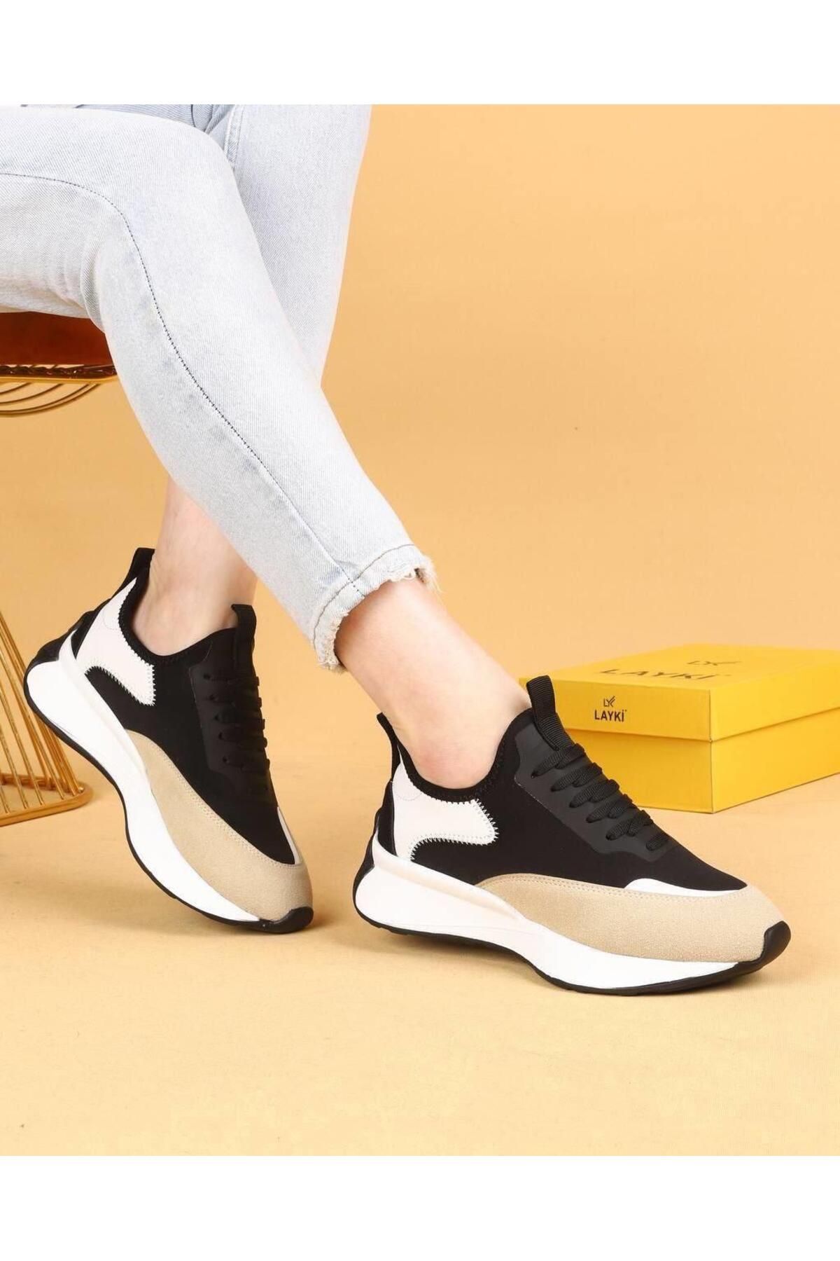 layki Dracia Siyah&Bej Renkli Lüx Süet Kadın Günlük Yürüyüş Ayakkabısı