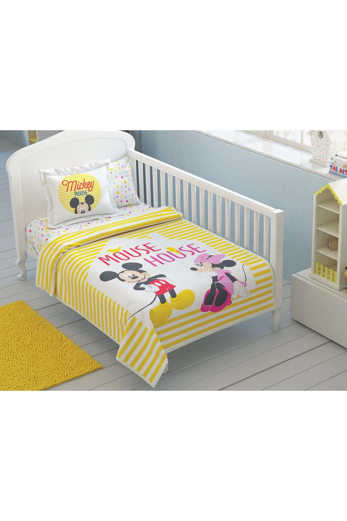 Taç Lisanslı Disney Minnie Mickey Baby Sarı Pamuklu 100x150 Bebek Pike Takımı