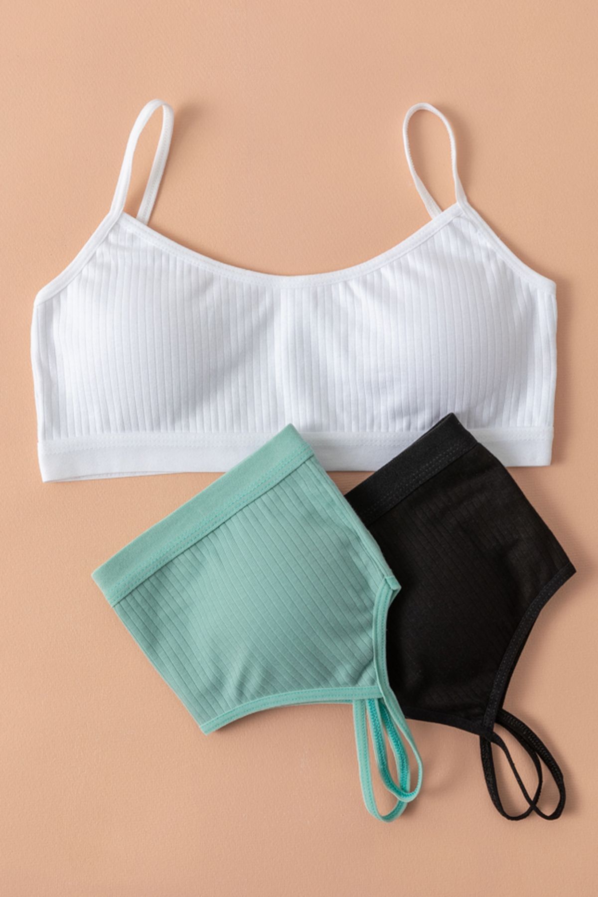 ld lidya underwear Kadın Su Yeşil Siyah Beyaz 3 lü Fitilli İp Askılı Çıkarılabilir Pedli Yarım Atlet 2024-3