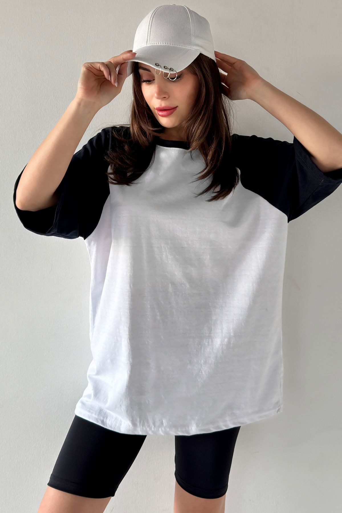 MODAGEN Unisex Beyaz Kolları Lacivert Oversize T-shirt