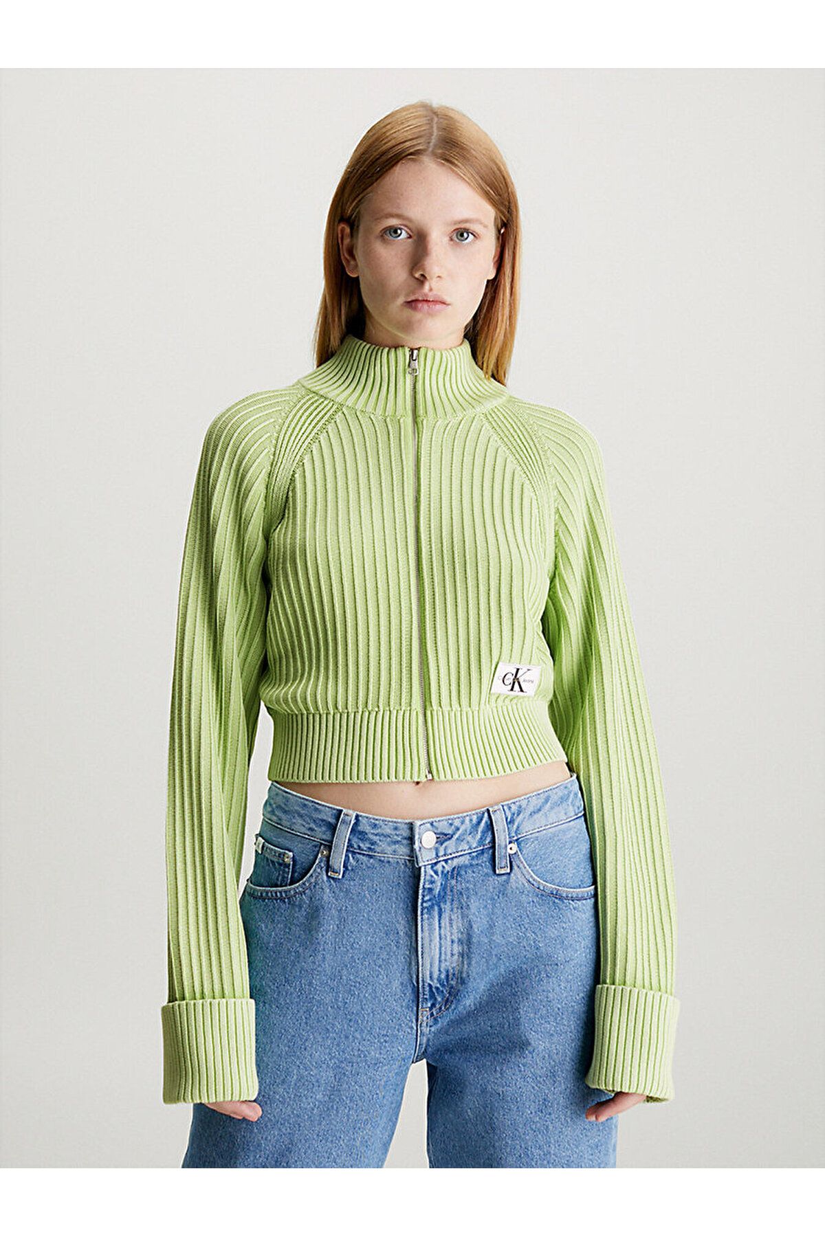 Calvin Klein Kadın Marka Logolu Uzun Kollu Rahat Yeşil Kazak J20J222877-LT6
