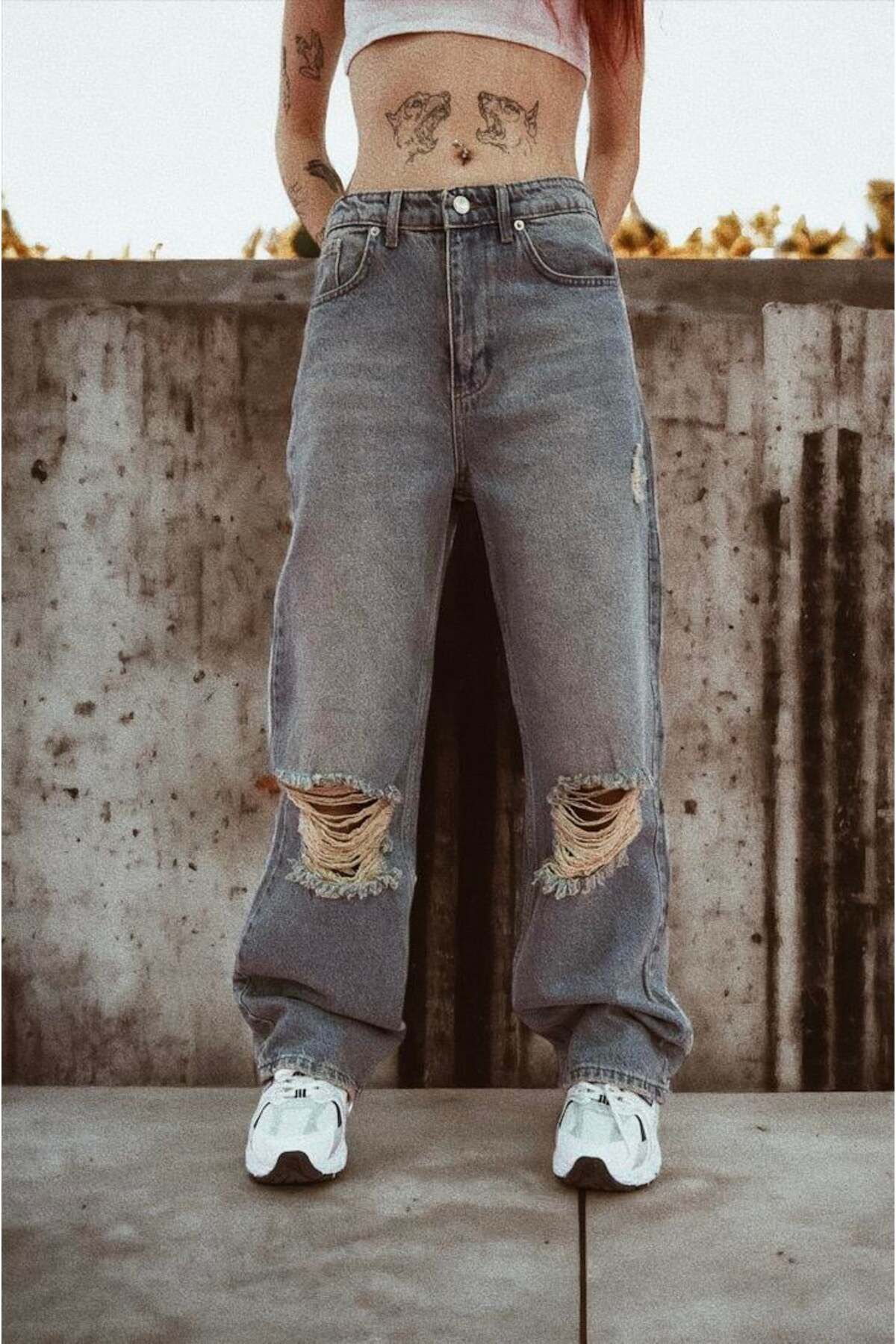 Gofeel Y2K Mavi Yüksek Bel Diz Yırtık Detaylı Straight Leg Jeans Pantolon