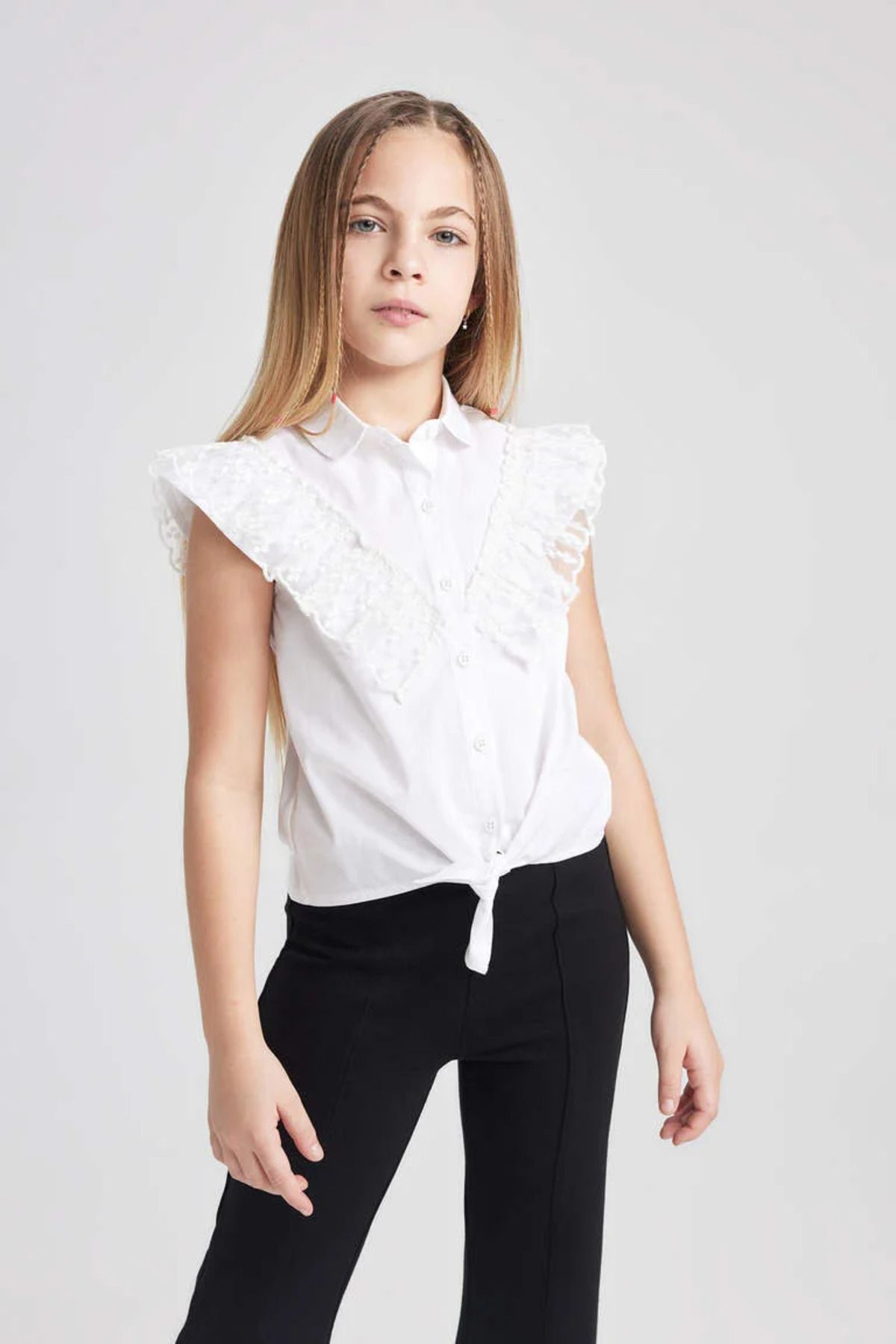 Defacto Kız Çocuk Poplin Kısa Kollu Beyaz Gömlek B5114a824sm