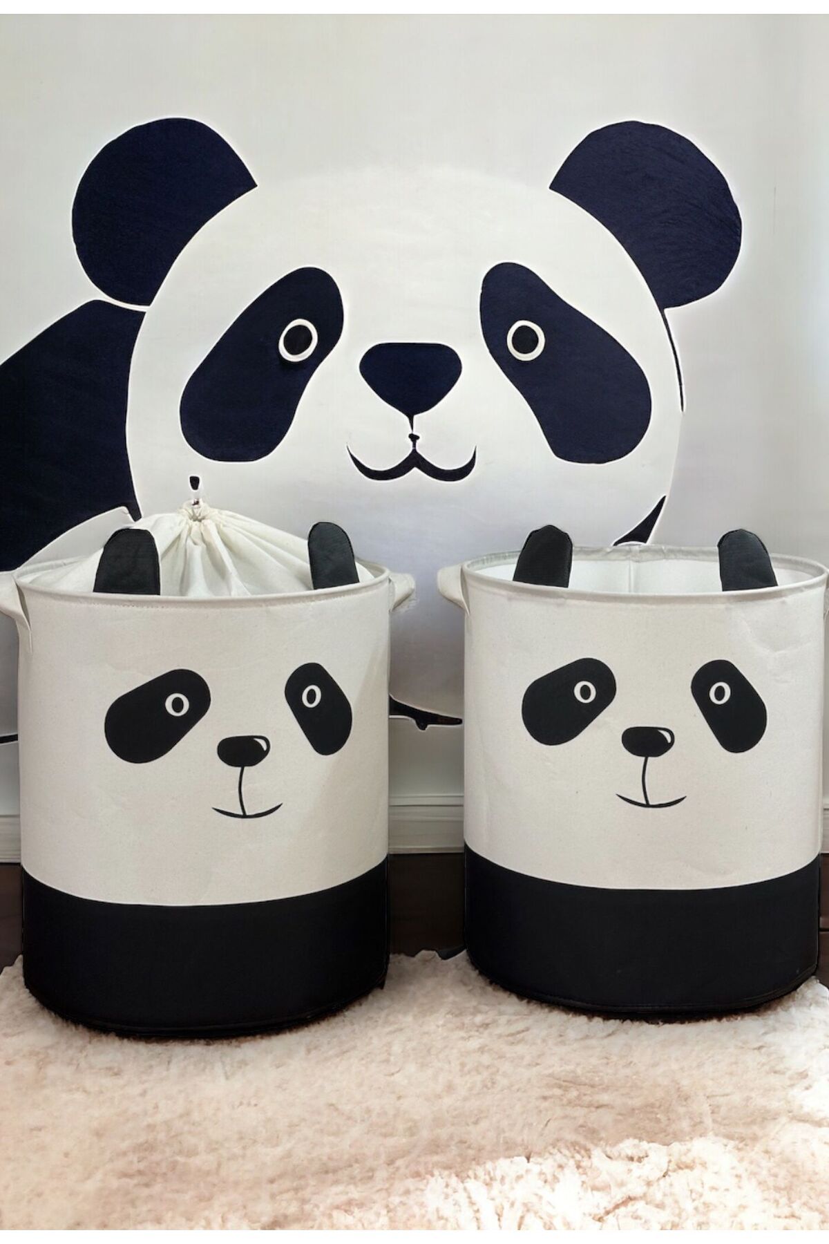 PRENDİ HOME Panda Tasarımlı 2'Li Bebek Çocuk Odası Saklama Kutusu Düzenleyici Oyuncak Kirli Sepeti 37x40