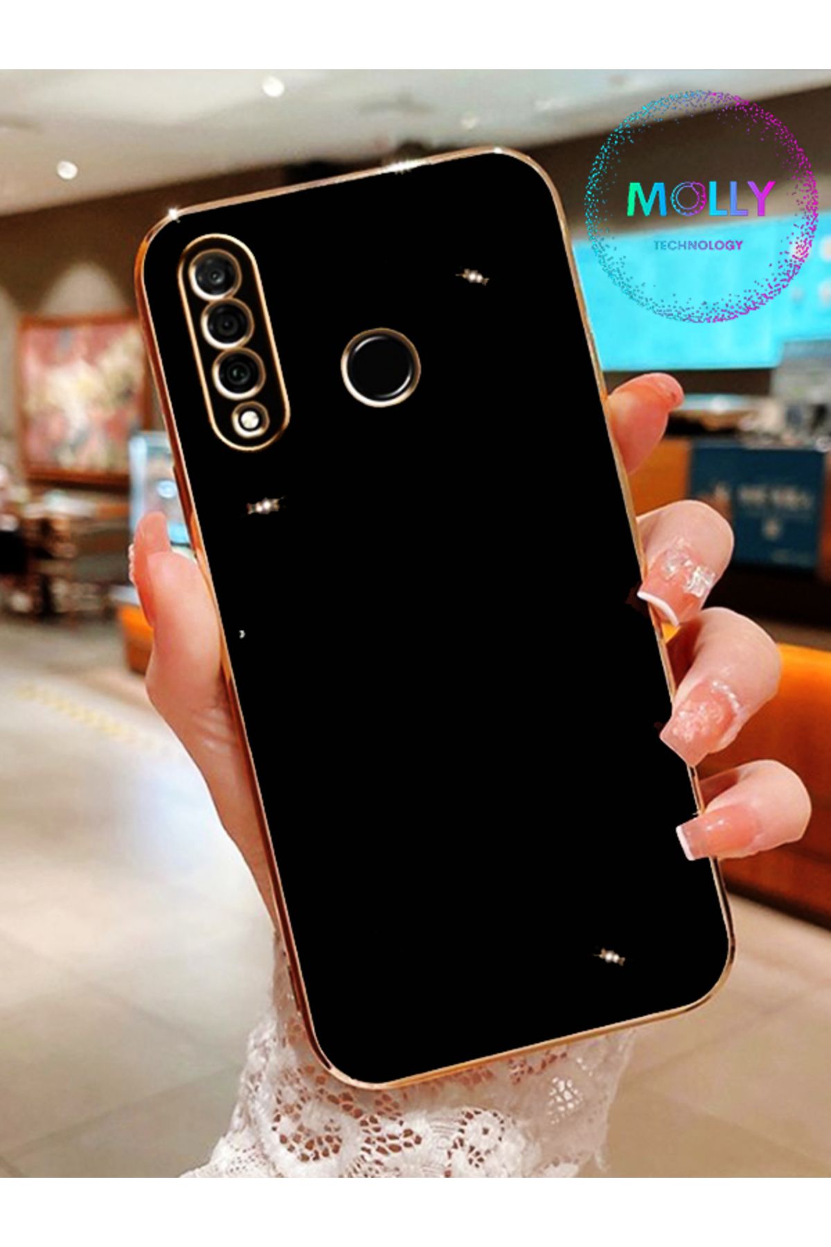 Molly Technology Huawei P30 Lite Için Siyah Kenarları Gold Detaylı Lüks Silikon Kılıf