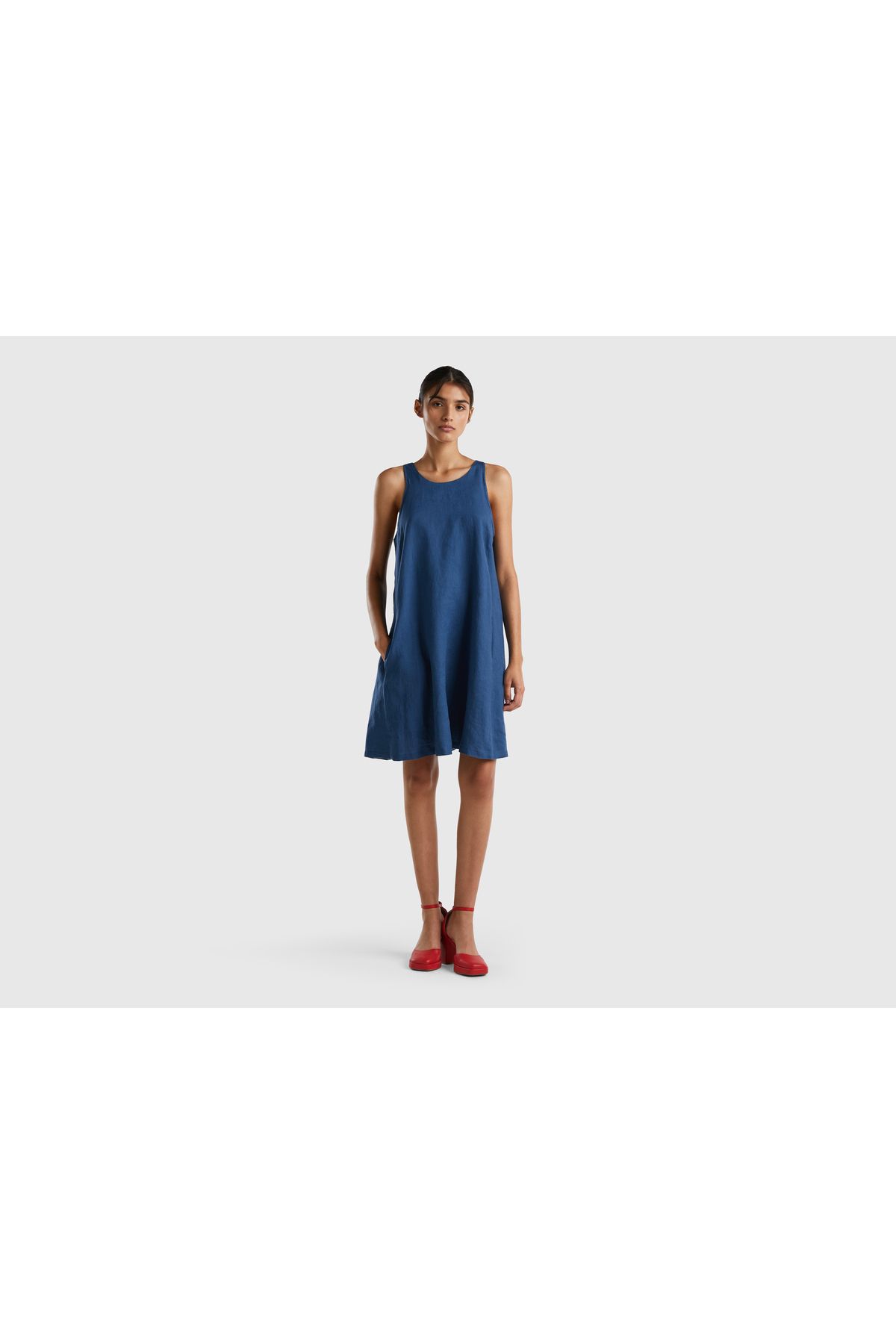 United Colors of Benetton Kadın Lacivert %100 Keten Kolsuz Elbise