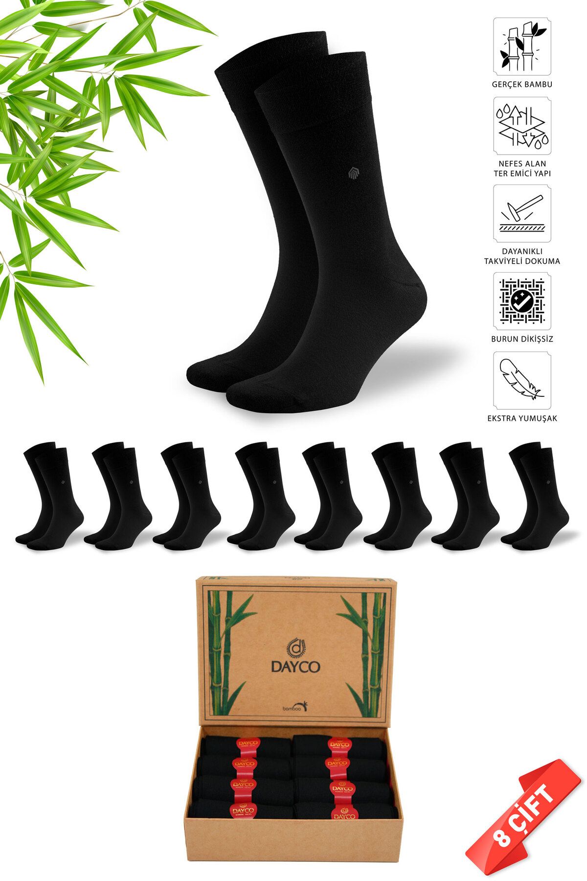 DAYCO Premium Yazlık Erkek Bambu Soket Çorap 8'li Siyah Set Kraft Kutulu
