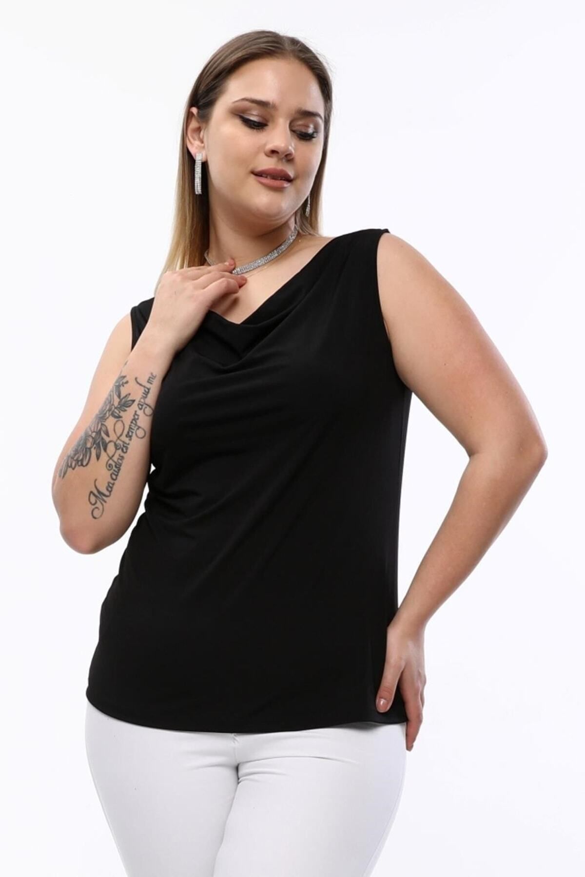 Seamoda Degaje Yaka Sandy Büyük Beden Kadın Basic Bluz 4 Mevsim Rahat Kullanım Şık Atlet-siyah
