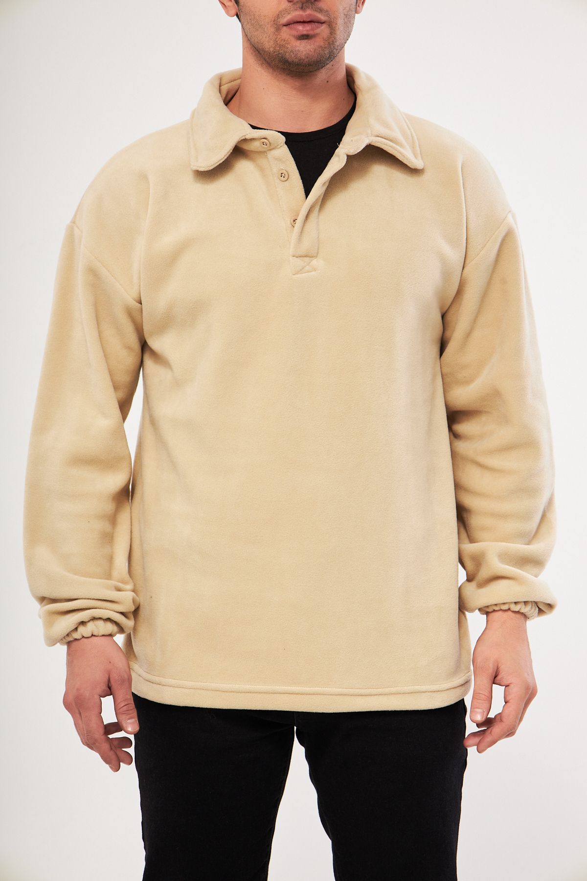 Ghassy Co Ghassy Co. Erkek Oversize Ayarlanabilir Bel Lastikli Gömlek Yaka Polar Sweatshirt