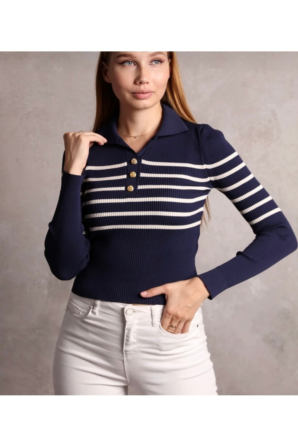 La Perla Boutique kadın polo yaka düğme detaylı ince triko bluz