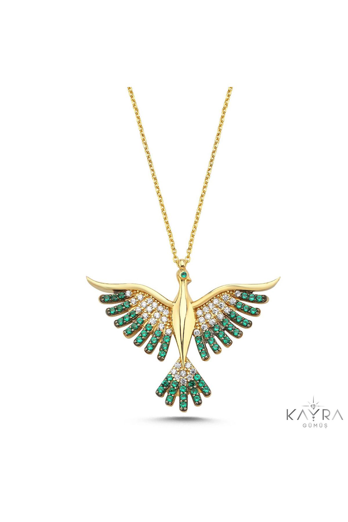 Kayra Mücevher Yeşil Taşlı Anka Kuşu Altın Kaplama Kolye Gm89