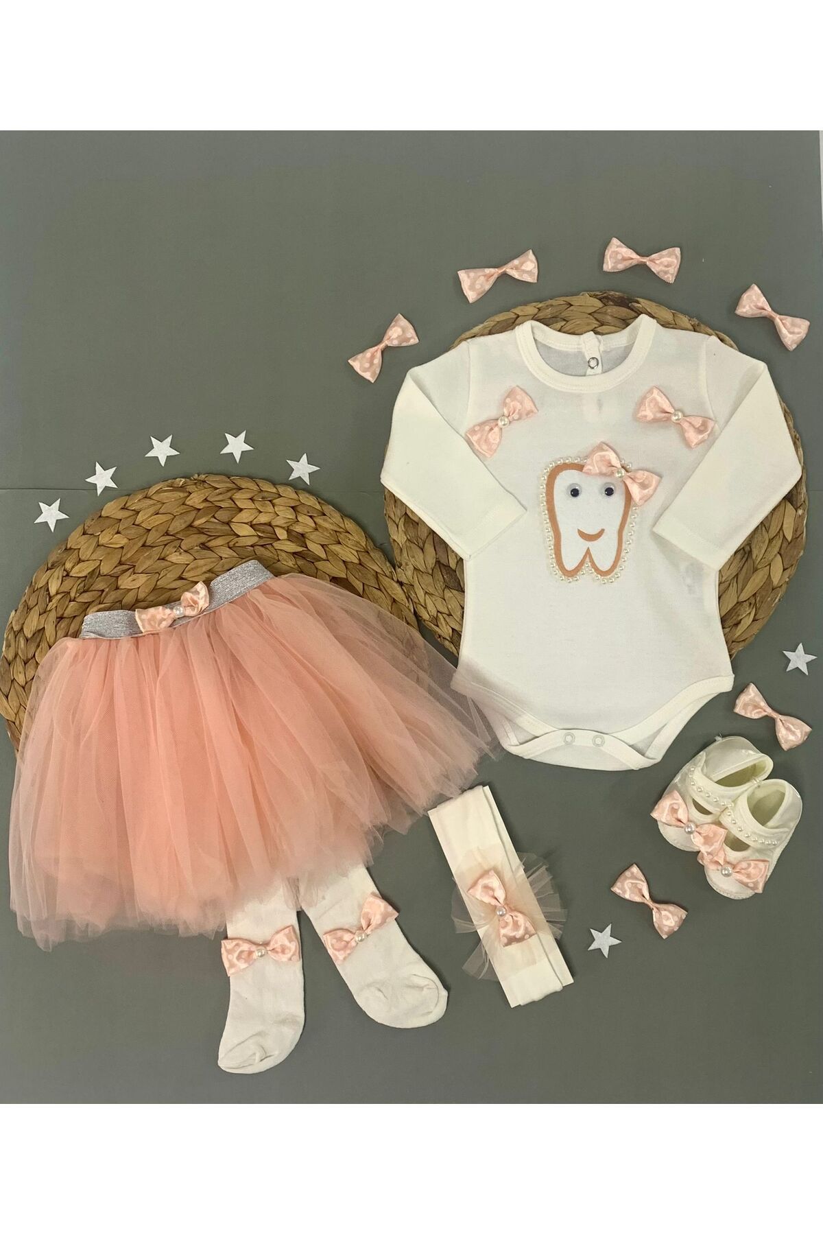 Petite Ponpon Baby Petite Ponpon BabyKız Bebek Doğum Günü Parti Kıyafeti Somon Tütü Etek Diş Buğdayı