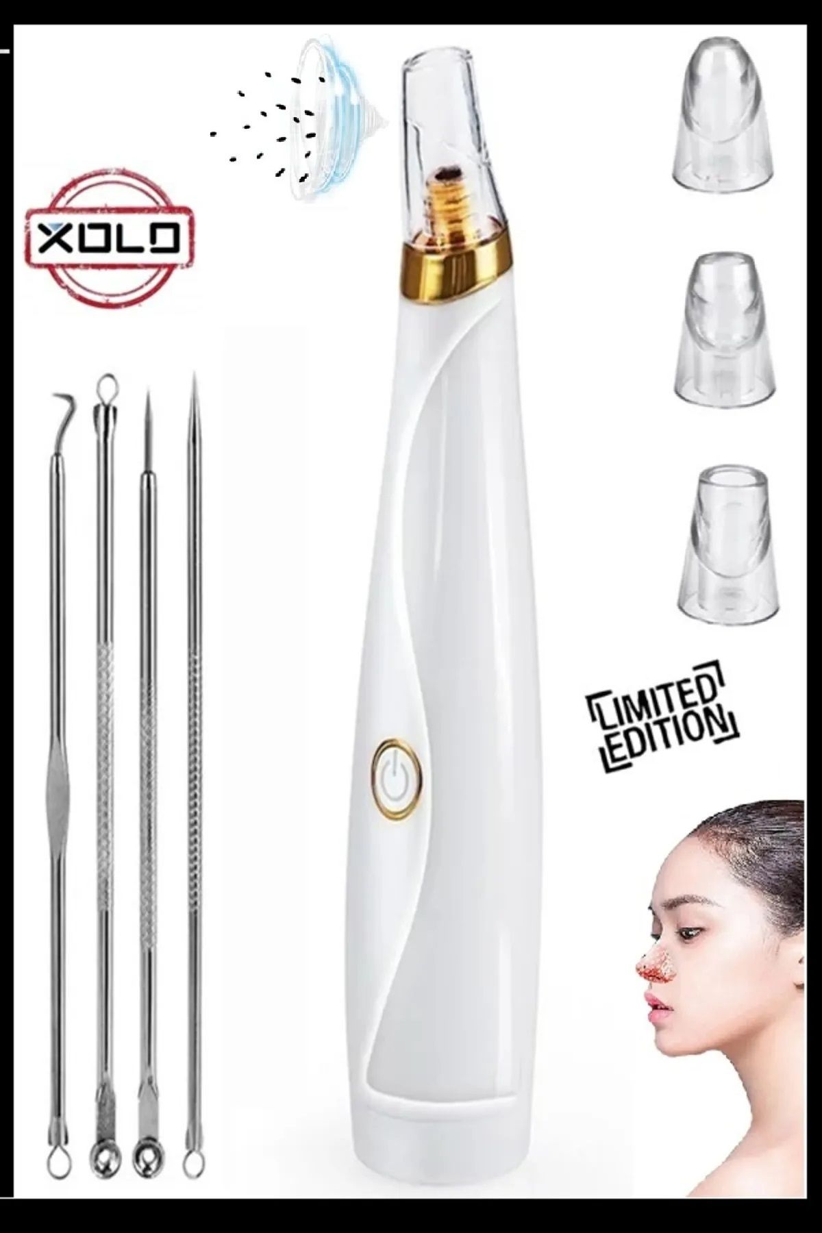 Xolo 2li Set 3 Başlıklı Pilli Pore Cleaner Vakumlu Siyah Nokta Dedektörü Cilt Peeling ve 4'lü Komedon Set