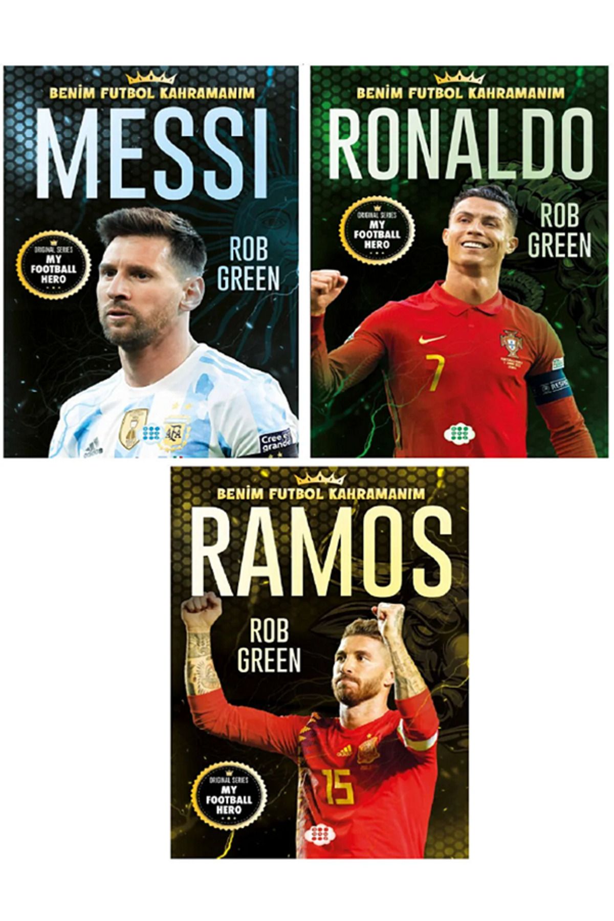 Evrensel İletişim Yayınları MESSİ - RONALDO - RAMOS Benim Futbol Kahramanım (Büyük Poster Futbolcu Kartları HEDİYE) 3 KİTAP
