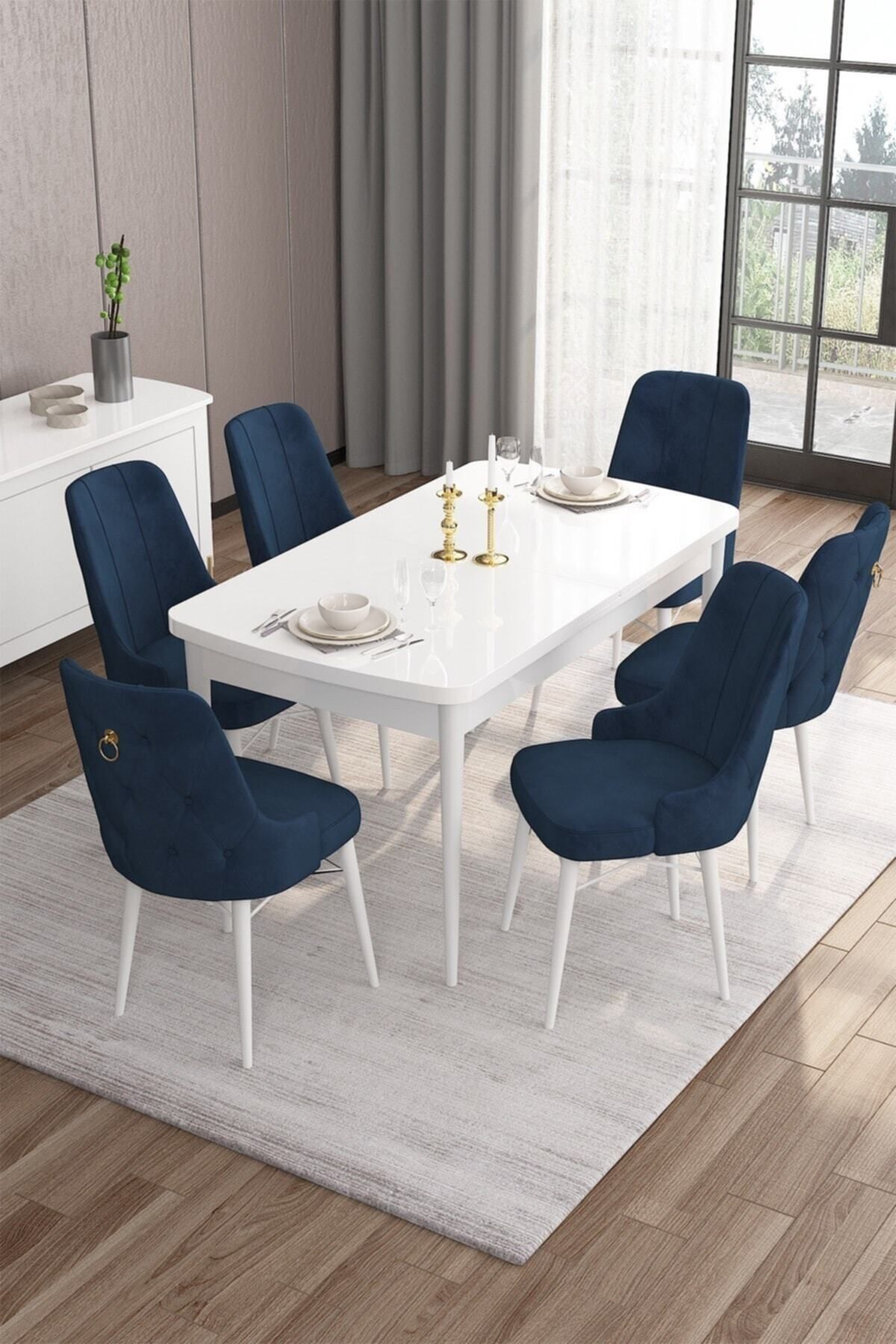 Canisa Concept Are Serisi 80x132 Açılabilir Mdf Masa Beyaz Mutfak Masa Takımı 6 Lacivert Sandalye