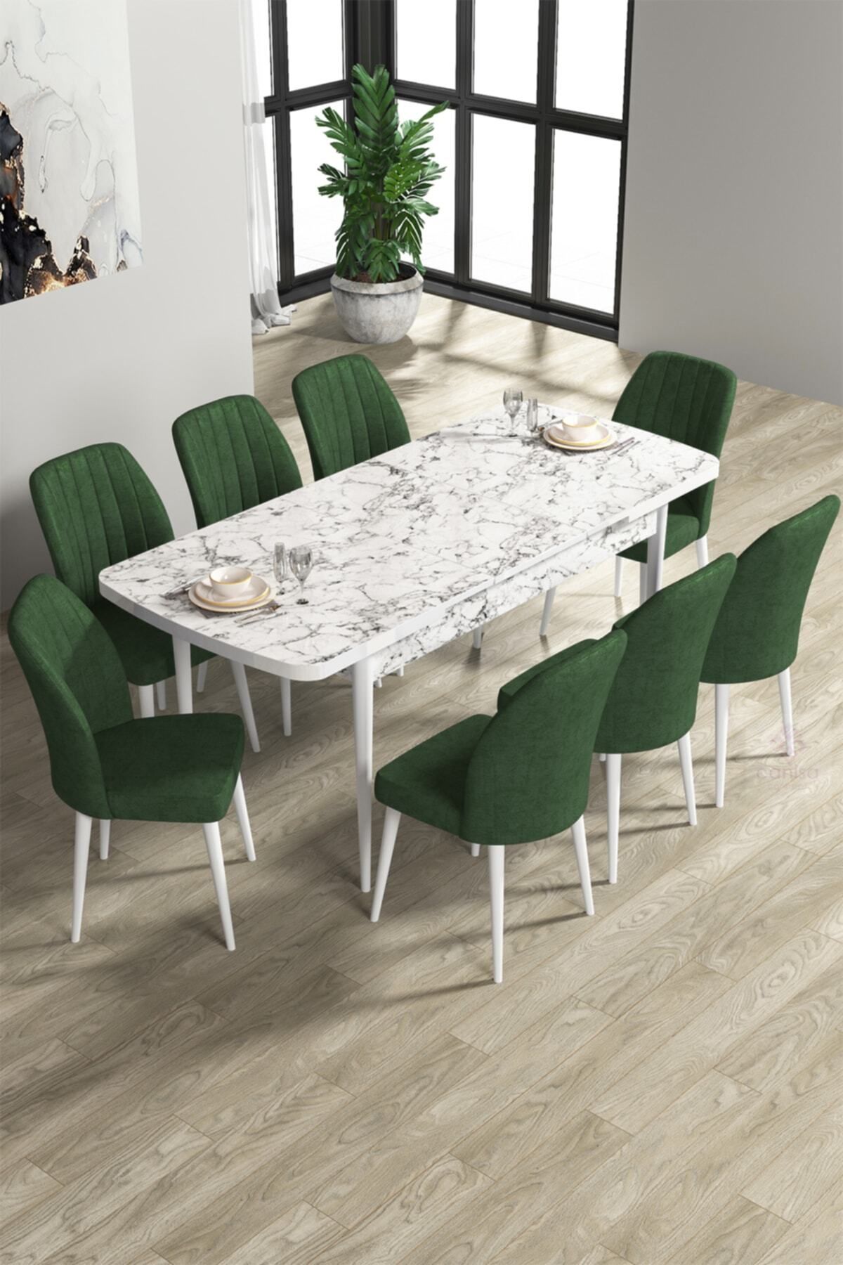 Canisa Rio Serisi Mdf Beyaz Mermer Desenli Açılabilir Mutfak Masa Takımı/beyaz Masa +8 Haki Yeşili Sandalye