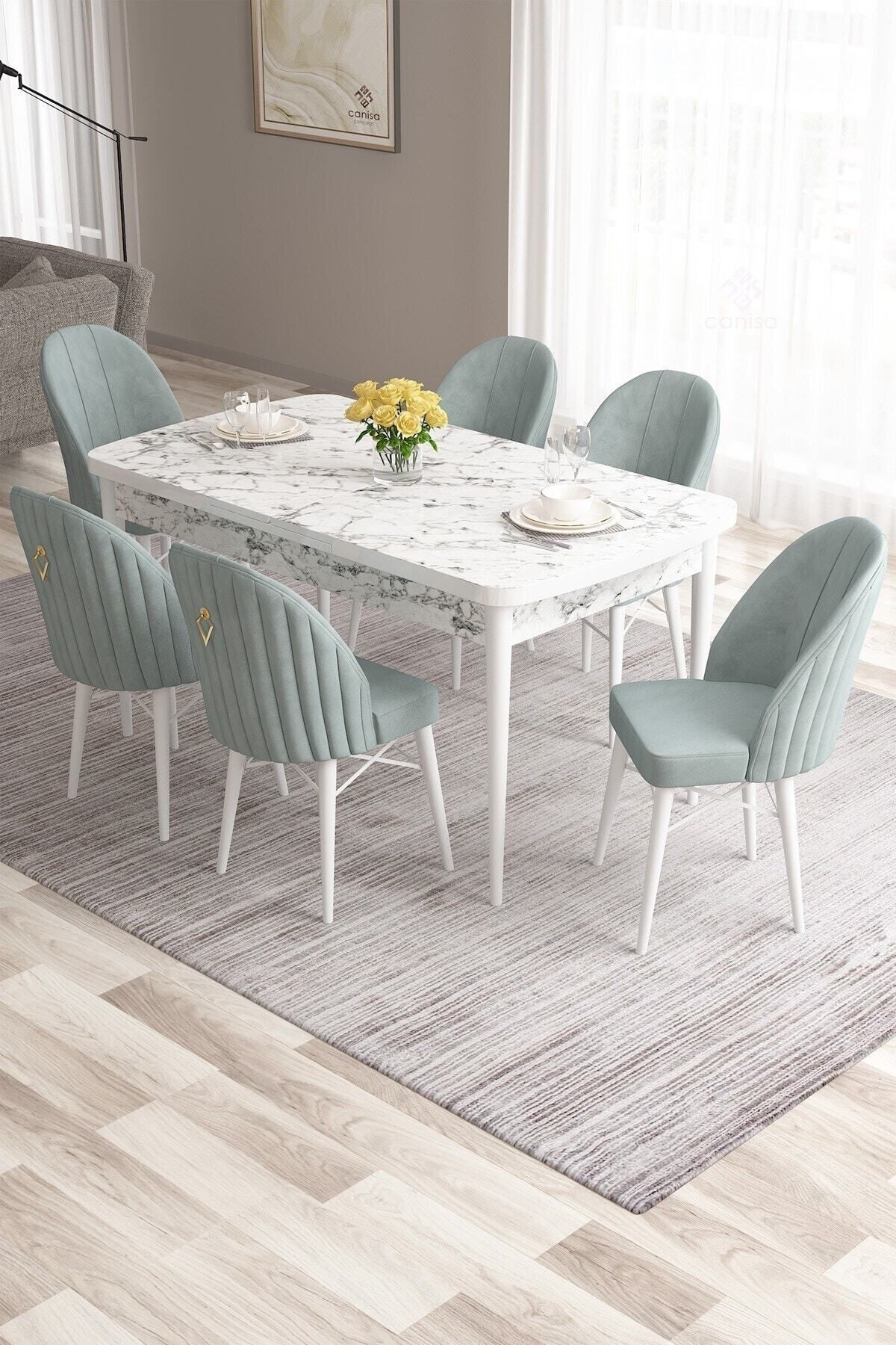 Canisa Roz Serisi,80x132 Mdf Açılabilir Beyaz Mermer Desen Mutfak Masası 6 Su Yeşili Sandalye Gold Halkalı