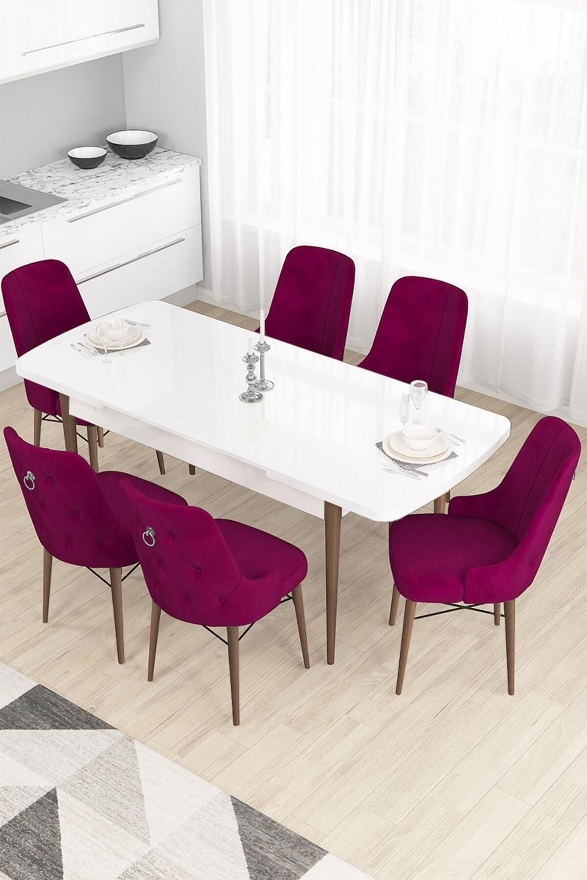 Canisa Concept Taç Serisi, 80x132 Beyaz Masa Ceviz Ayak Yemek Masası Takımı, 6 Mürdüm Sandalye Gümüş Halkalı