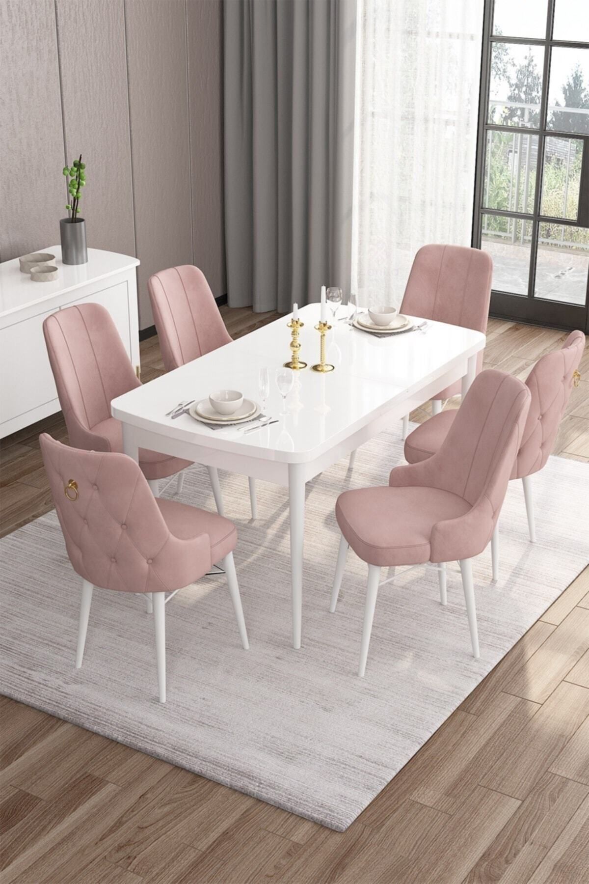 Canisa Concept Are Serisi 80x132 Açılabilir Mdf Masa Beyaz Mutfak Masa Takımı 6 Pembe Sandalye