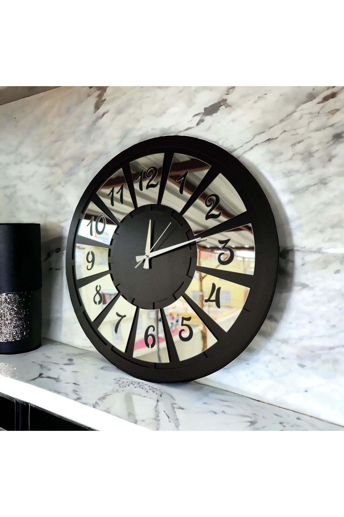 AA Shop Siyah Renk Gümüş Sayılı Hediyelik Ahşap Dekoratif Farklı Desenli Ev Hediyelik Duvar Saati 50cm