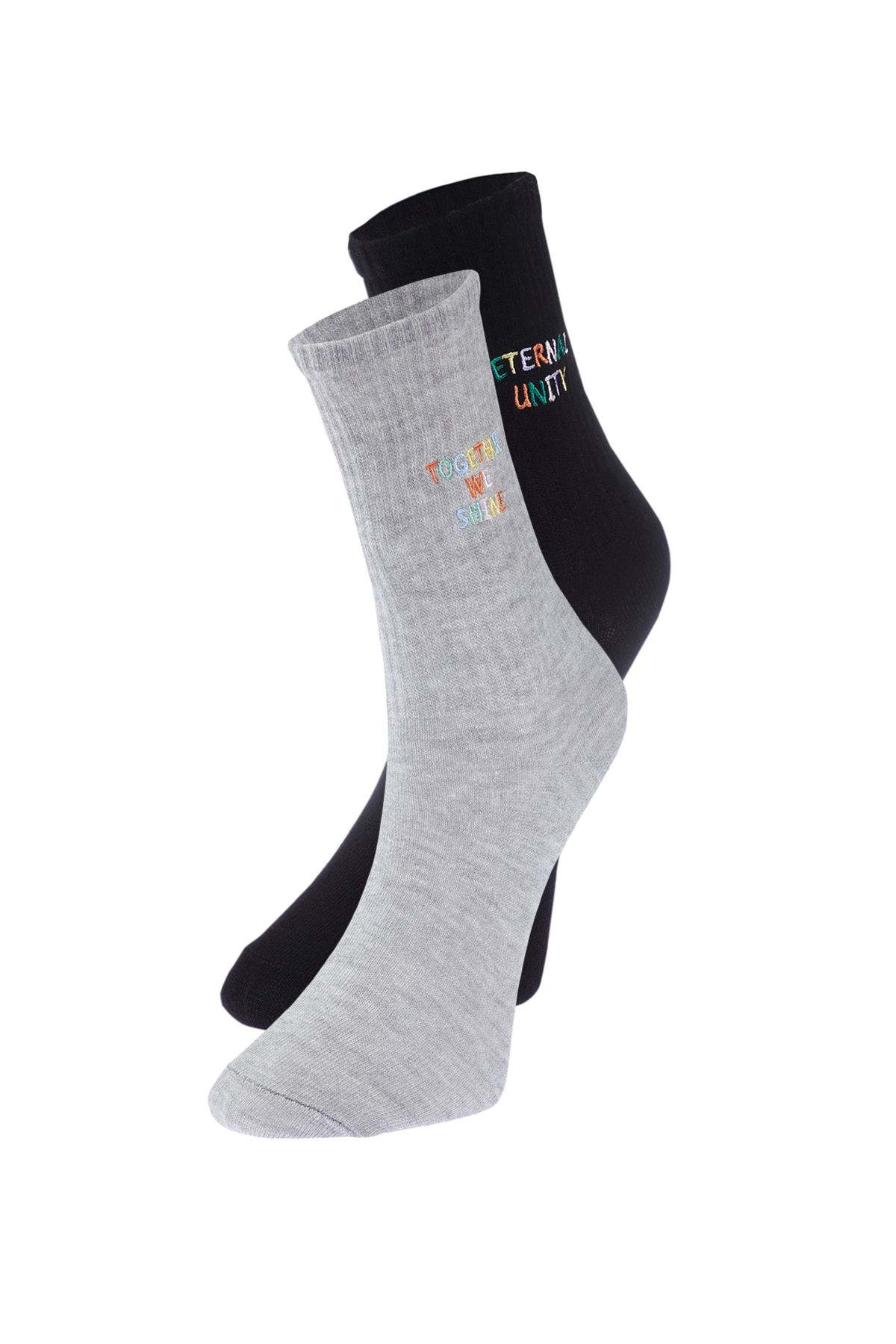 TRENDYOLMİLLA Gri-Siyah 2'li Paket Pamuklu Nakışlı Örme Çorap THMSS24CO00000