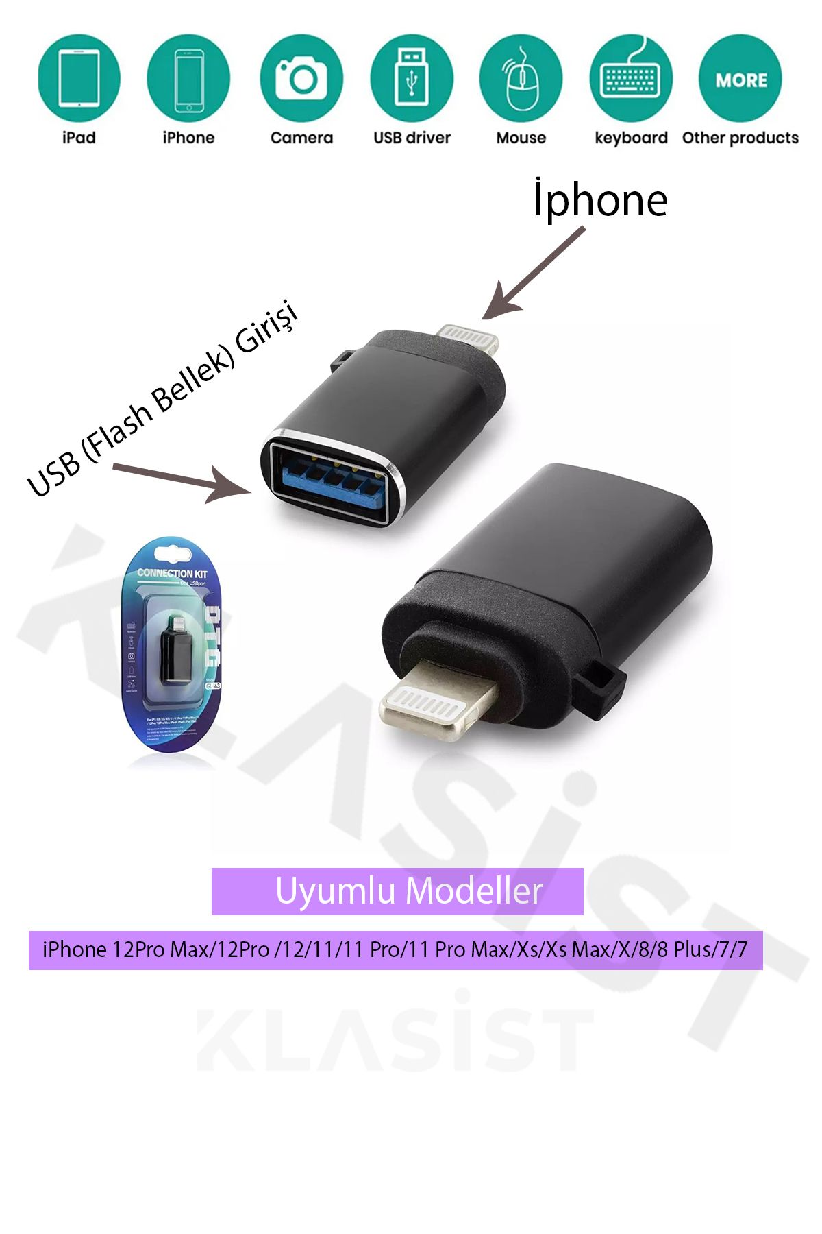 KLASİST iPad ve iPhone için USB Flash Disk Bağlantı Adaptörü - Lightning  OTG Dönüştürücü Adaptörü