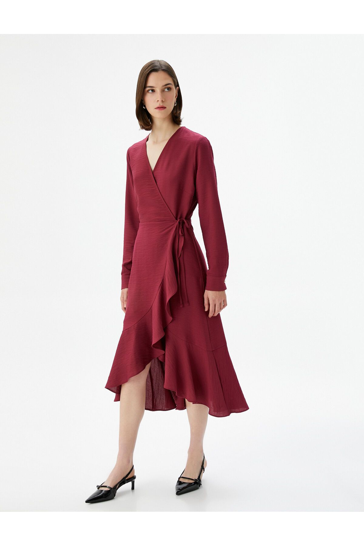 Koton Midi Kloş Elbise Anvelop Fırfırlı Beli Bağlamalı Uzun Kollu