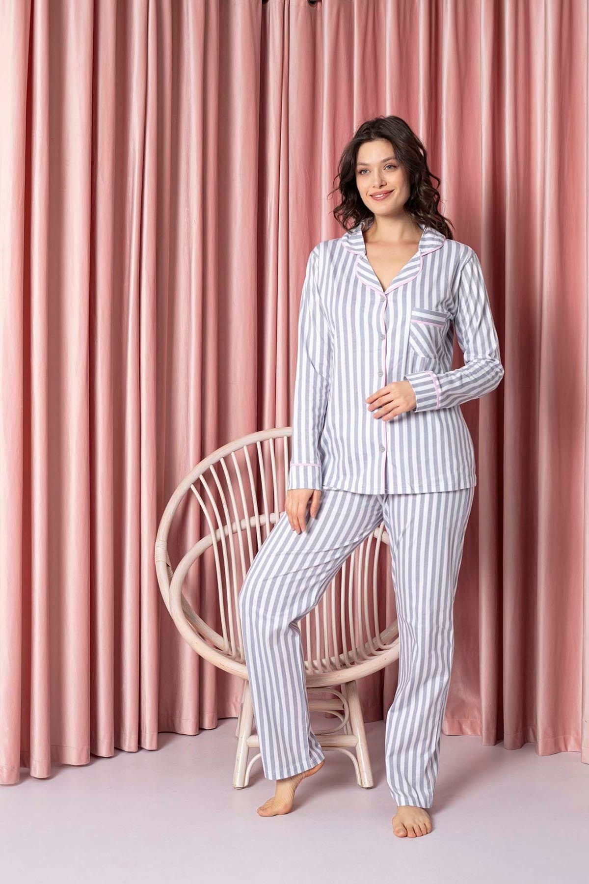 AHENGİM Kadın Pijama Takımı Süprem Uzunkol Çizgili Bebe Yaka Boydan Düğmeli Pamuklu Mevsimlik W20592298