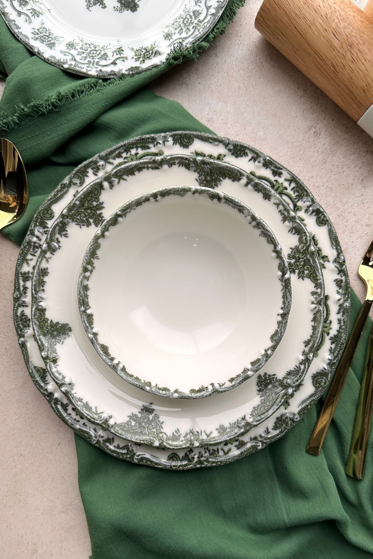 porselenden Antique Green 24 Parça 6 Kişilik Premium Porselen Yemek Takımı Yeşil