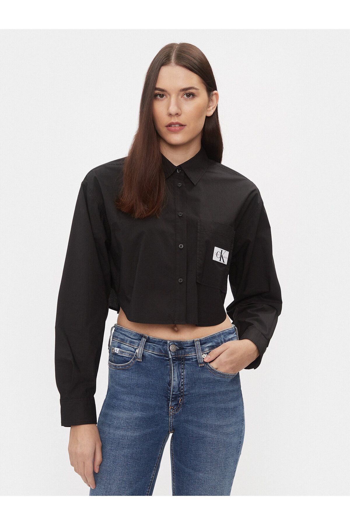 Calvin Klein Kadın Marka Logolu Uzun Kollu Rahat Siyah Gömlek J20J222614-BEH