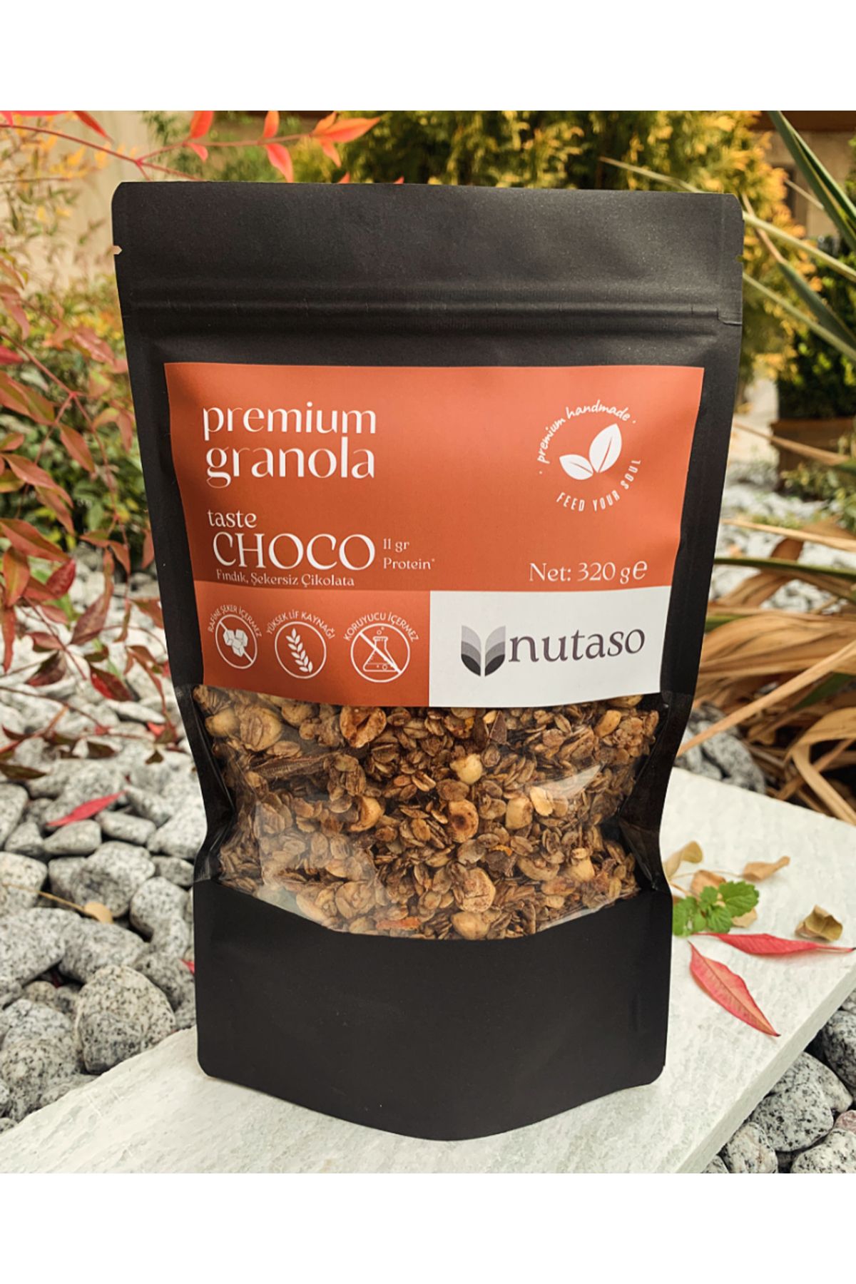 nutaso nutrition taste solutions Choco Granola (320 G)- Fındık, Şekersiz Çikolata, Portakal (ŞEKER İLAVESİ İÇERMEZ, KORUYUCU İÇERMEZ)