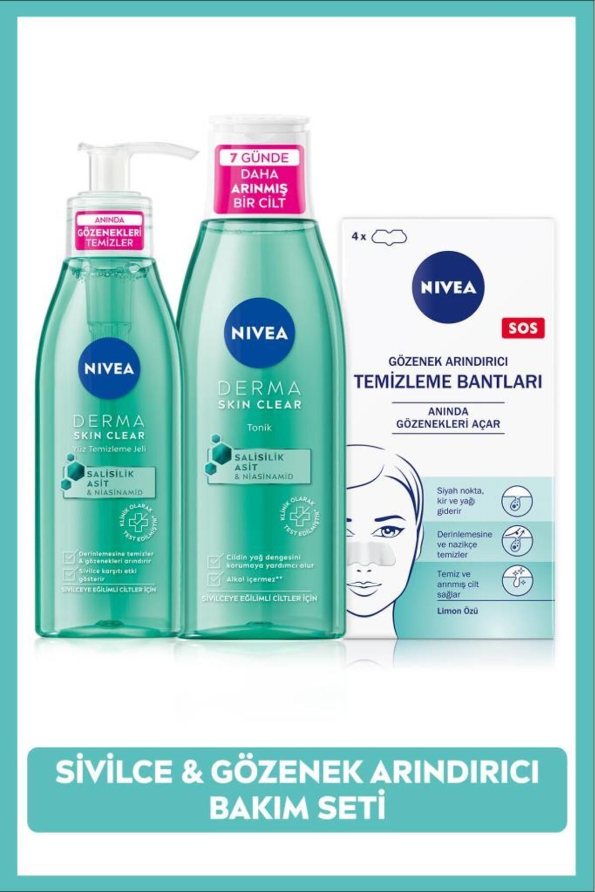 NIVEA Derma Skin Clear Sivilce Karşıtı Yüz Temizleme Jeli,Tonik ve T-Bölgesi&Siyah Nokta Temizleyici Bant