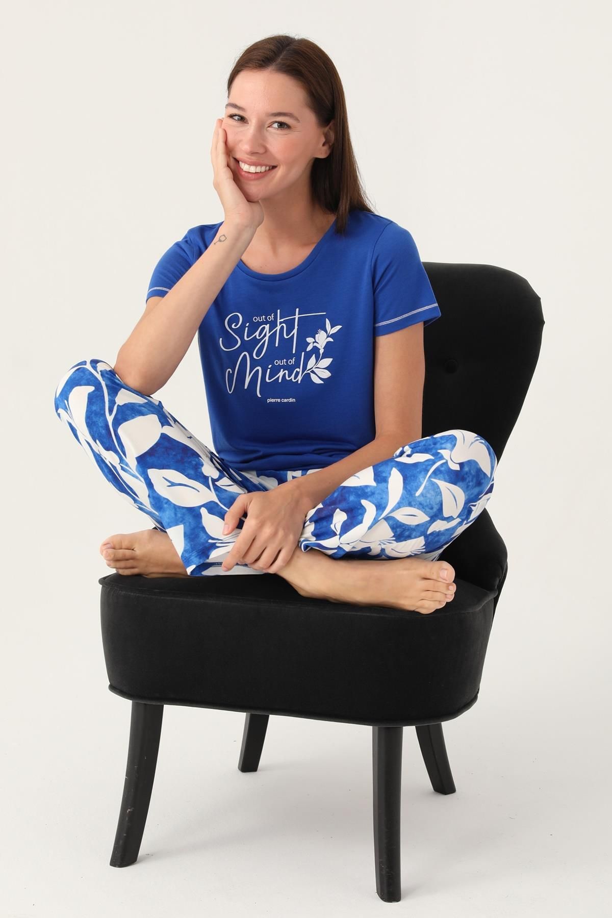 Pierre Cardin Yazlık Kadın Pijama Takım, %100 Pamuk, Alt Cepli ve Desenli, Üst Yuvarlak Yaka Düz Ren