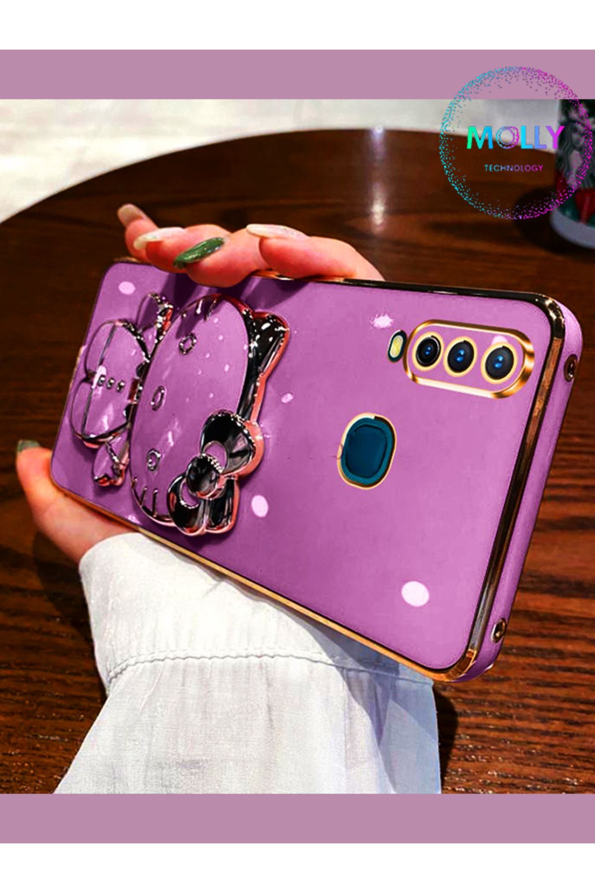 Molly Technology Huawei P30 Lite İçin Lila Hello Kitty Standlı Kenarları Gold Detaylı Lüks Silikon Kılıf