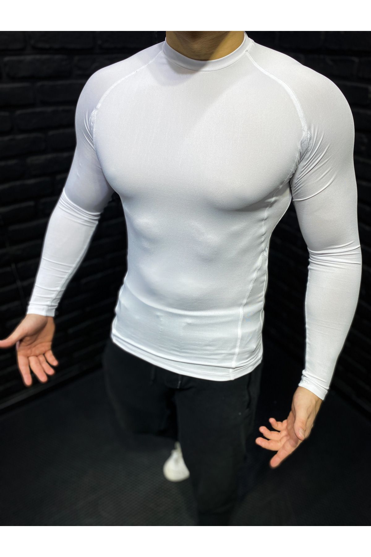YHM Uzun Kollu Compression Body Fit Spor Tam Beden Erkek Tişört Beyaz