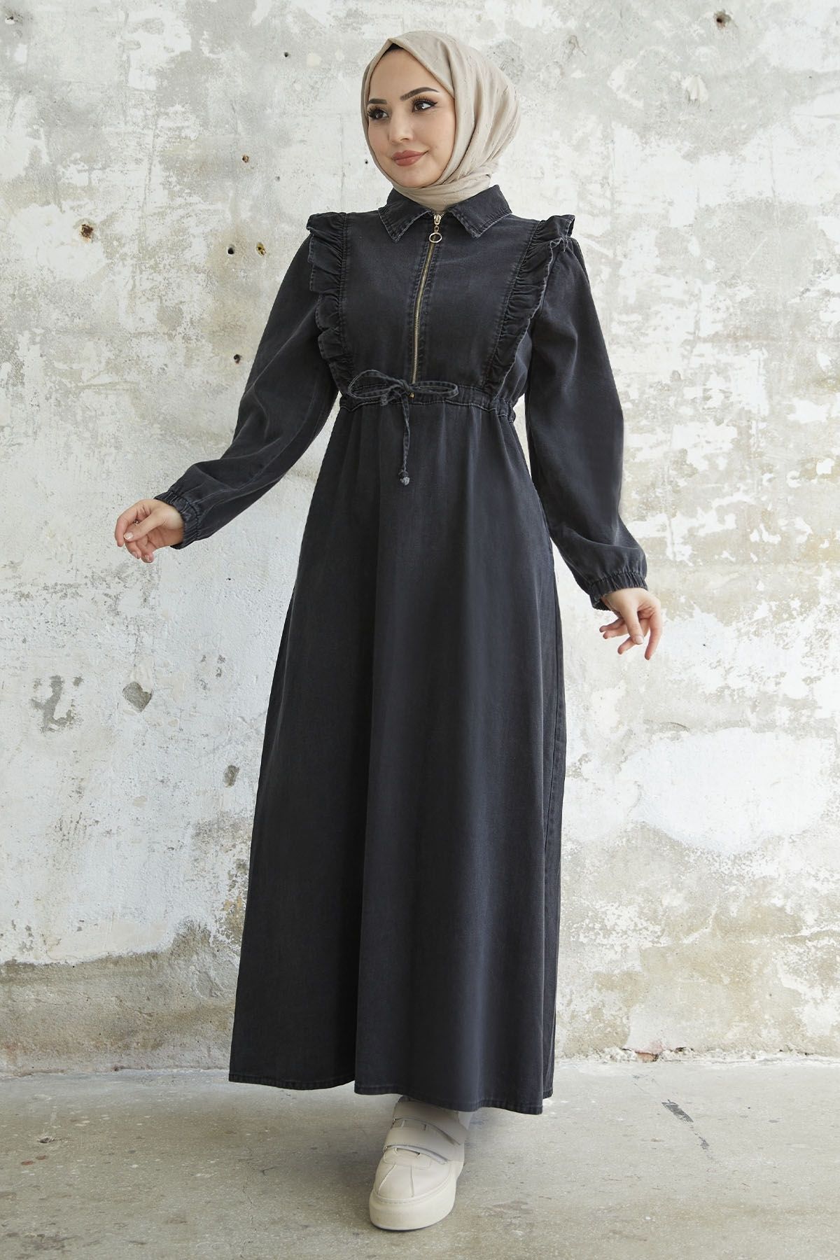 InStyle Fırfırlı Detay Tünel Kemerli Kot Elbise - Siyah