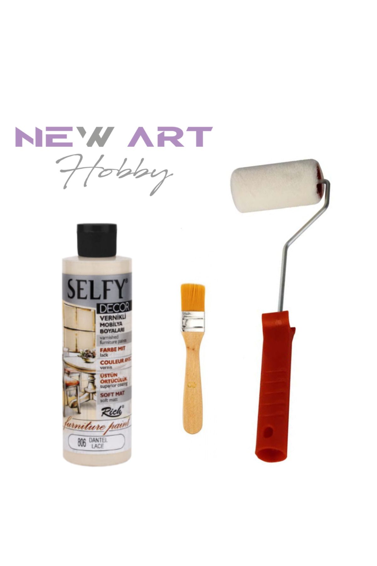 New Art Hobby Selfy Decor Kendinden Vernikli Mobilya Boyama Seti 240 Cc Dantel + Maxi İpek Rulo+ Fırça