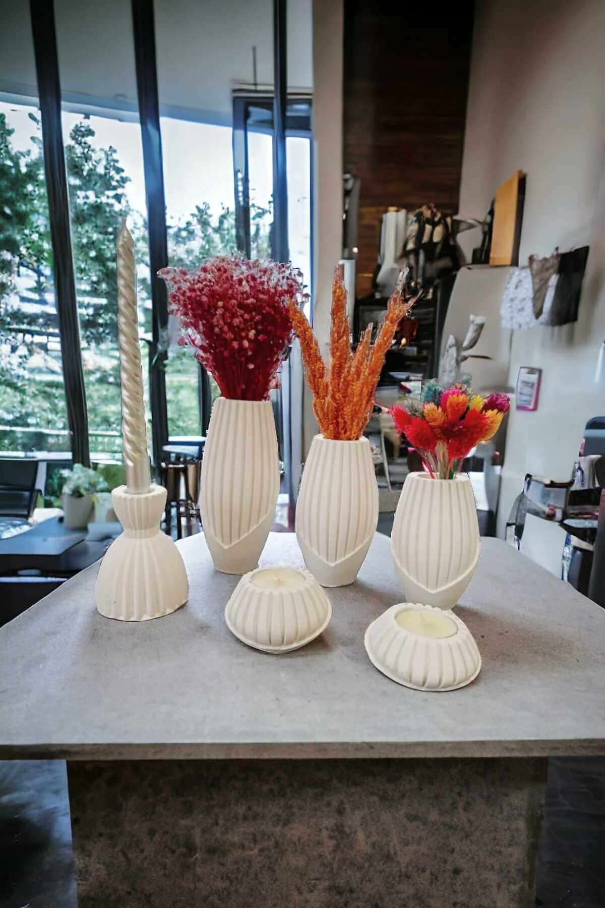 RAİSE STYLE Hediyelik Ve Dekoratif Modern 6'lı Vazo Tealight Mumluk, Şamdan Seti 6 Parça Ham Beyaz