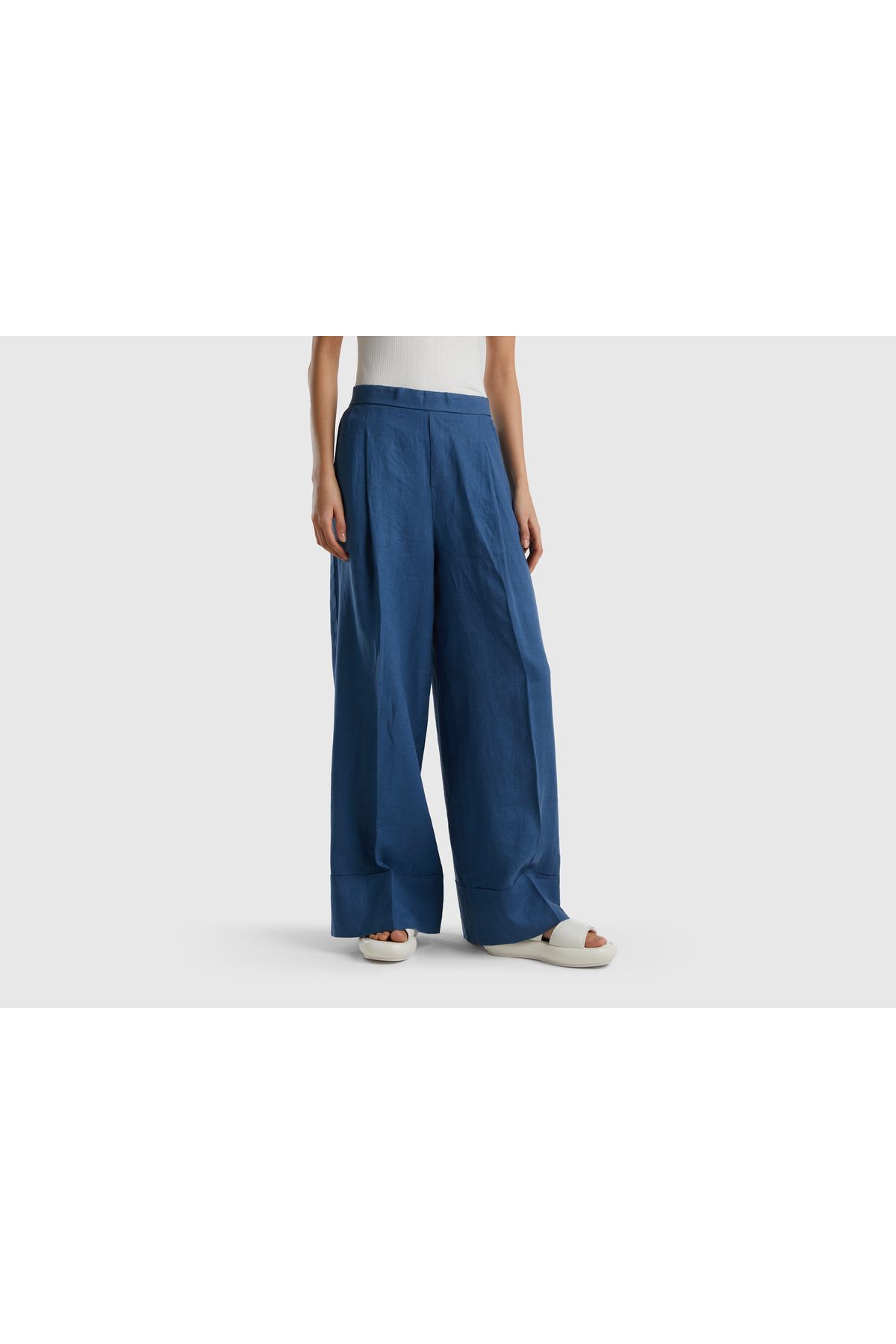 United Colors of Benetton Kadın Lacivert %100 Keten Beli Lastikli Geniş Kesim Pantolon