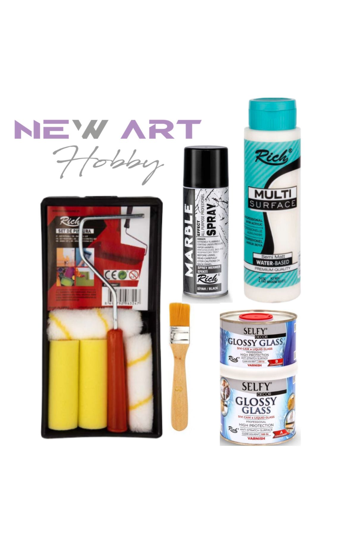 New Art Hobby Multi 500 Cc Kemik ,Selfy Decor Glossy Glass, Mermer Efekti Siyah,Fayans,Tezgah Boyama Seti ,